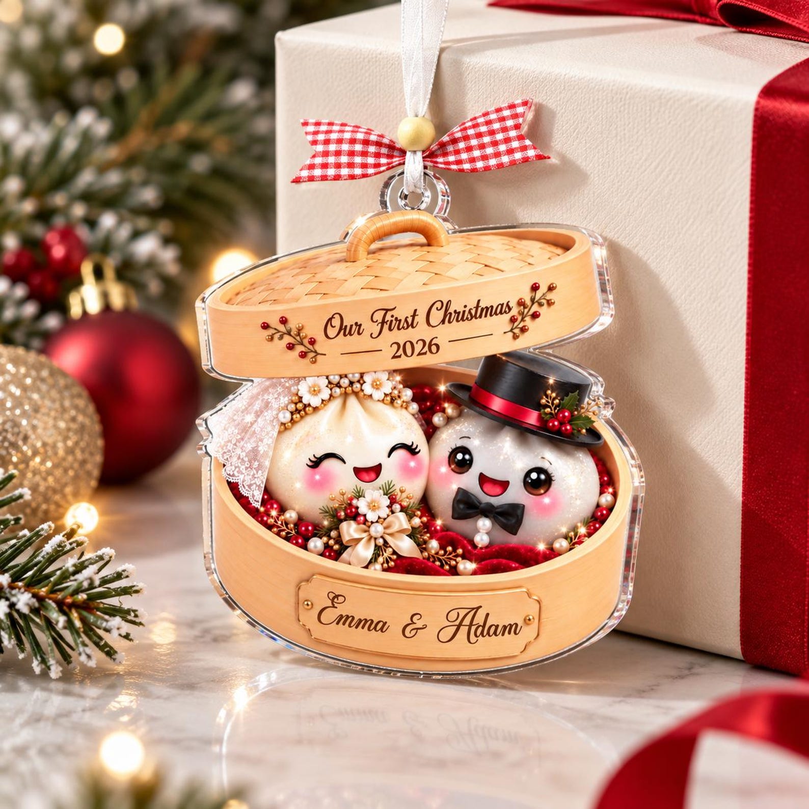 Personalized Dumpling Couple Ornament, Personalized First Christmas Acrylic Keepsake, Cute Foodie Newlywed Gift, Bride Groom Christmas Ornament