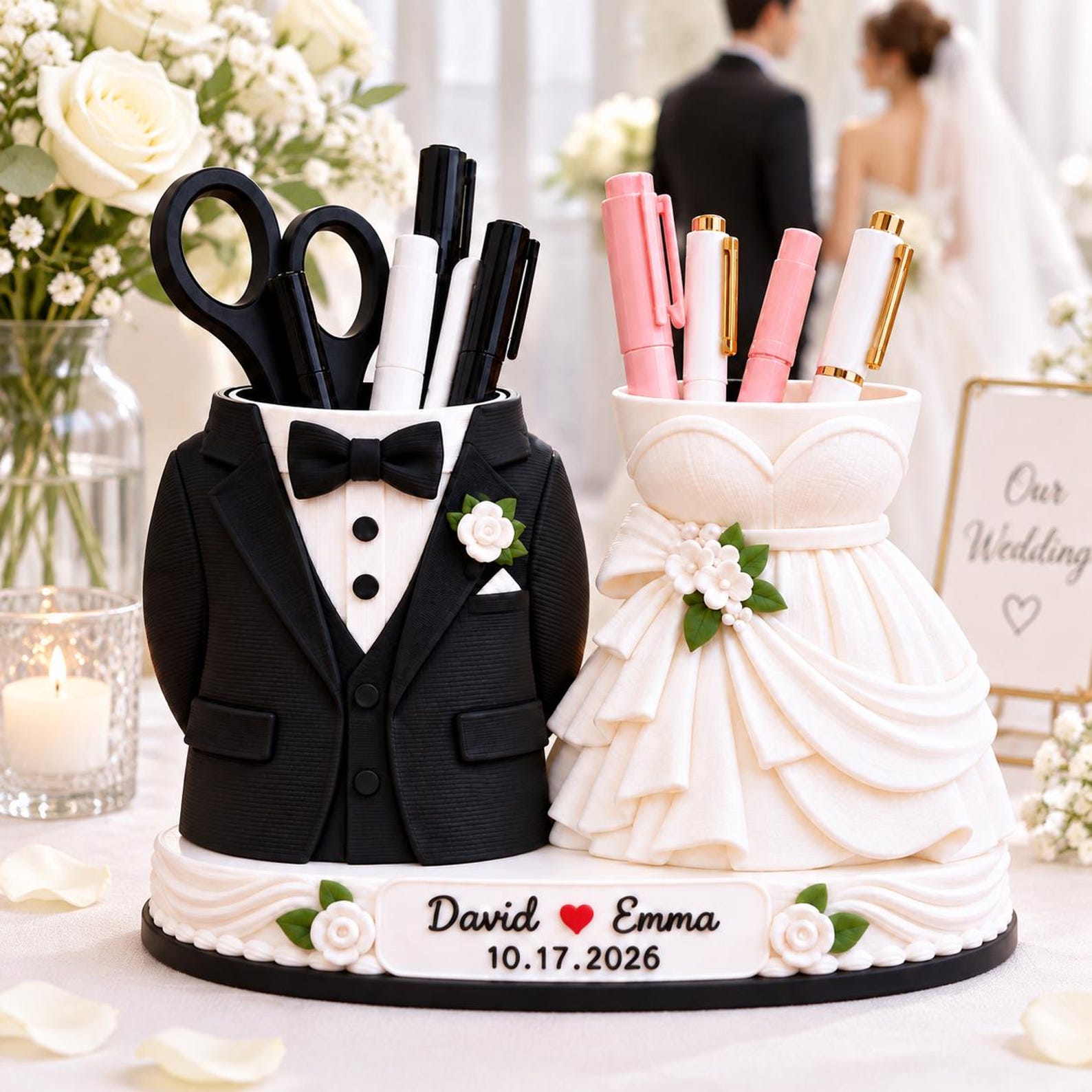 Personalized Wedding Dress Tuxedo Pen Holder 3D Printed, Custom Newlywed Couple Marriage Decor Engagement, Our First Christmas Together Gift