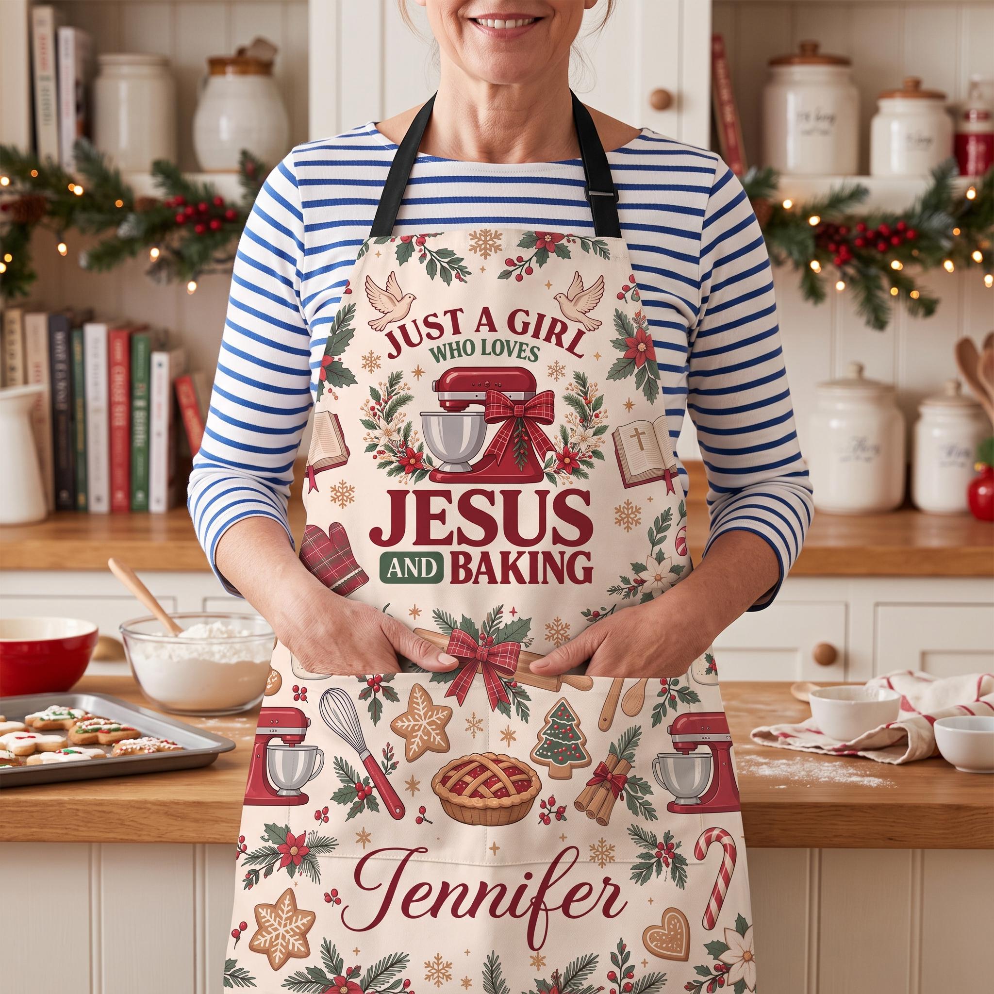 Personalized Just A Girl Who Loves Jesus and Baking Christmas Apron With 4 Pocket,Custom Christian Baker Apron, Gift for Christian Baker