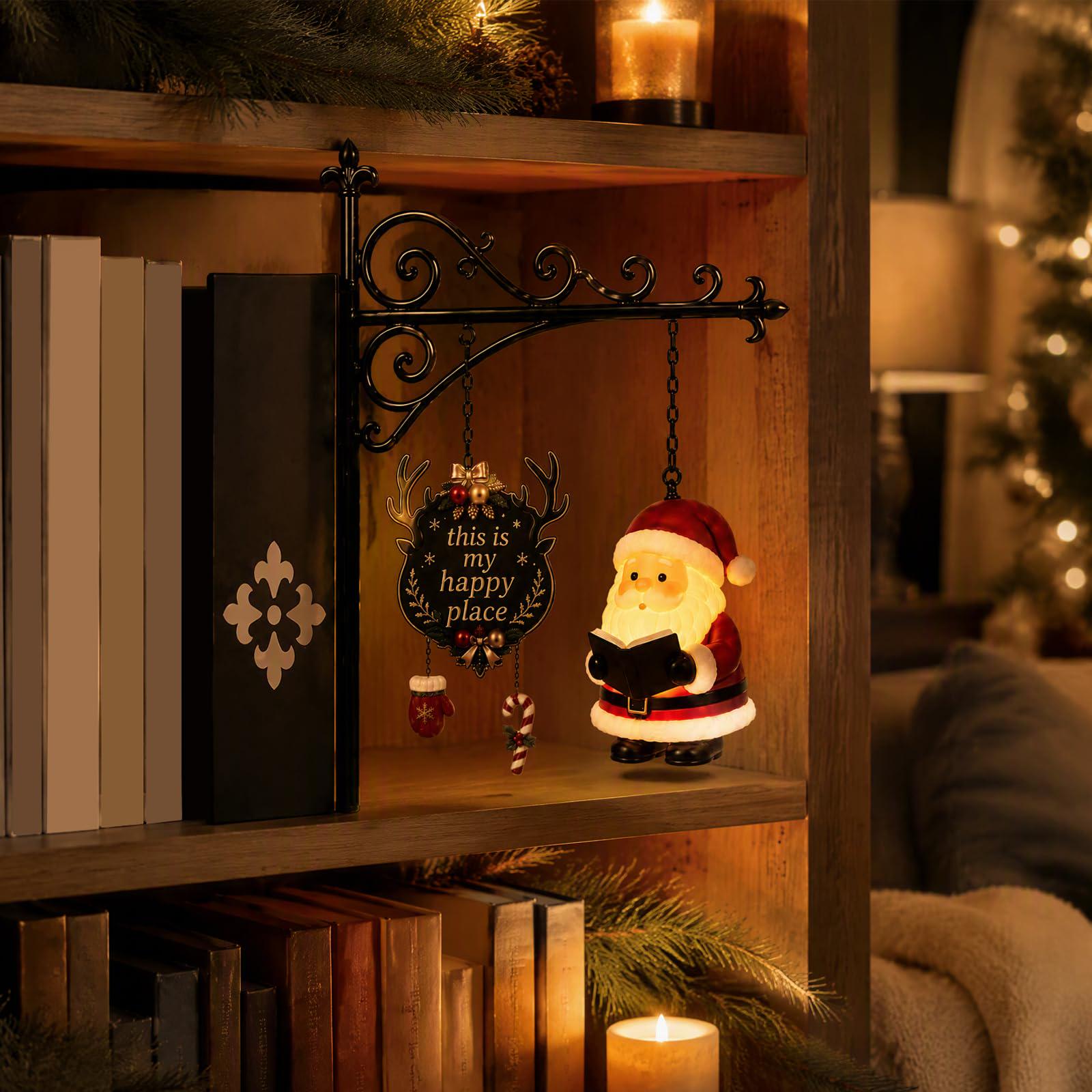 Christmas Bookshelf Decor Light Up Christmas Bookshelf Decor,7 Color LED Book Nook Light,Wrought Iron Hanging Holiday Sign,Santa Snowman Reindeer Angel,Christmas Gift