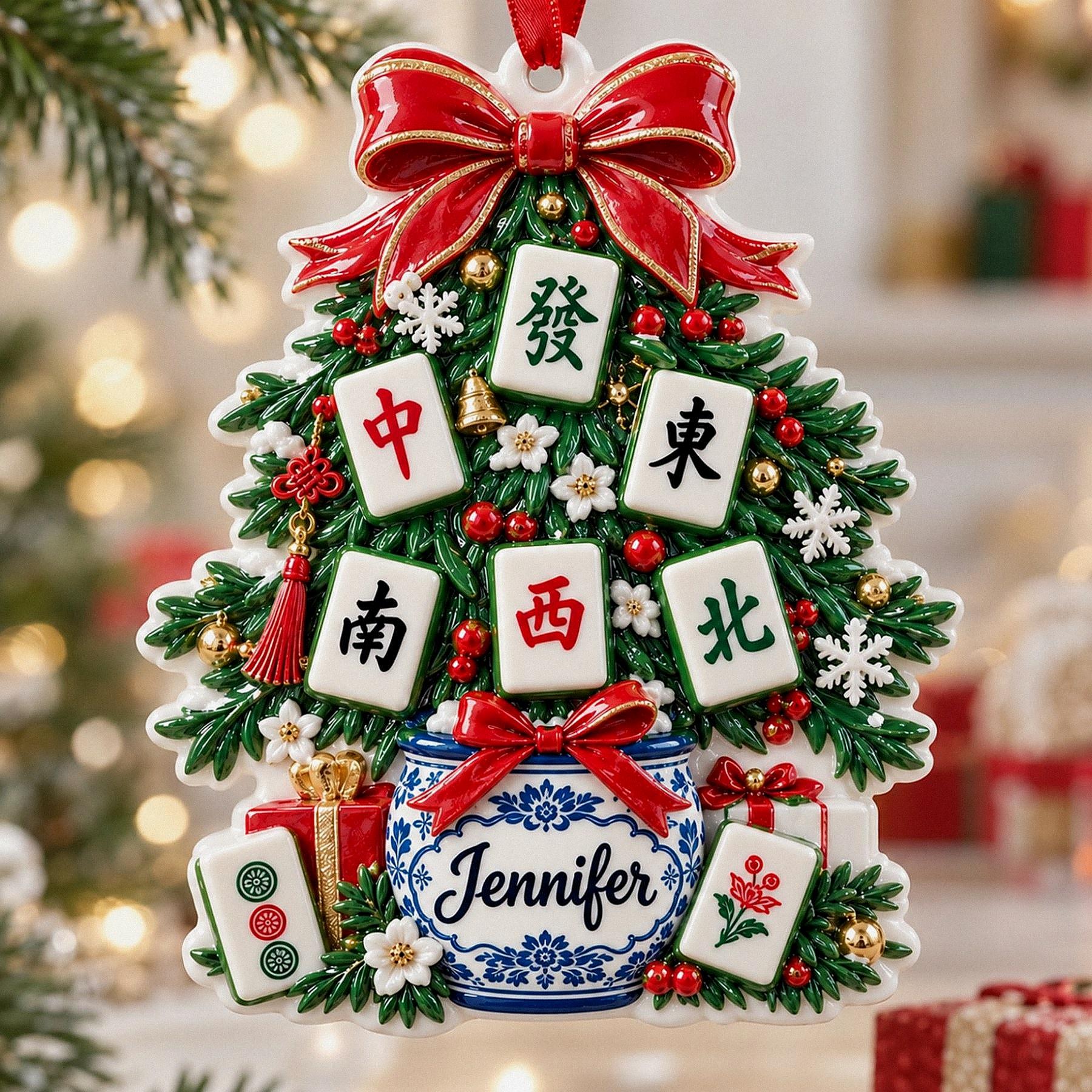 Personalized Mahjong Stocking 3D Relief White Acrylic Ornament, Custom Tile Game Keepsake, Christmas Gift for Game Night Hostess