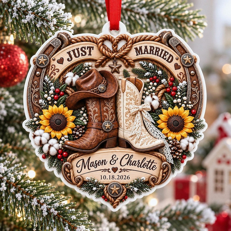 Personalized Western Wedding Acrylic Ornament, 3D Relief Cowboy Boots Custom Name Bauble, Just Married Couples Gift