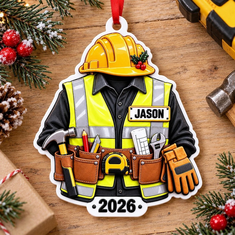 Personalized Construction Worker 3D Relief White Acrylic Ornament, Custom Builder Hard Hat Decor, Tradesman Christmas Gift 2026