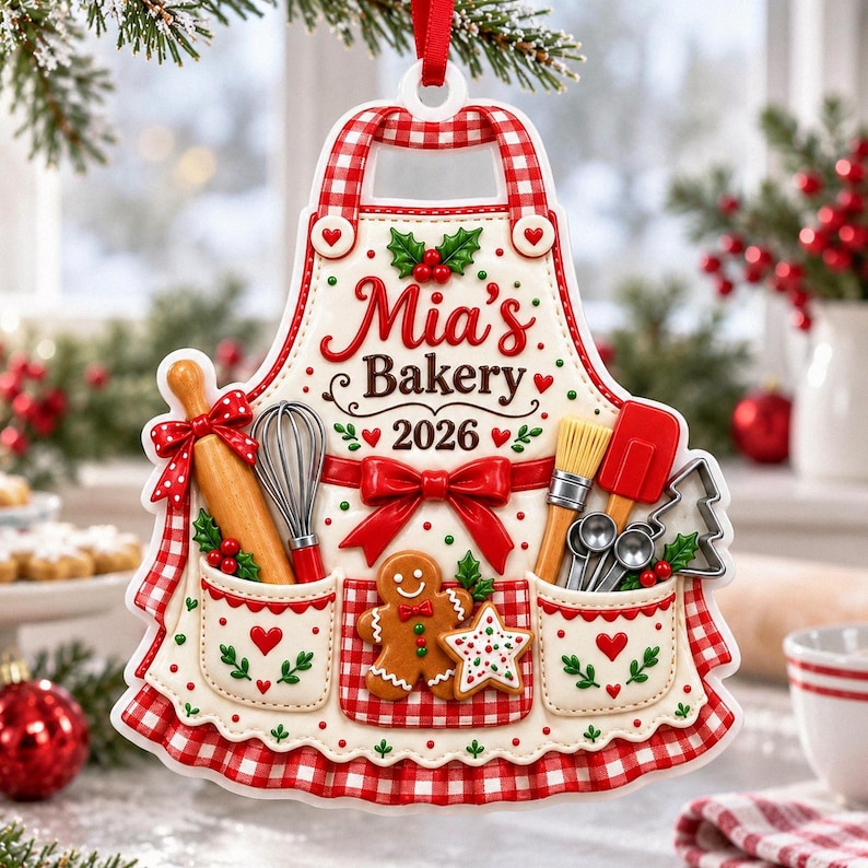 Personalized Baking Apron 3D Relief White Acrylic Ornament, Custom Name Baker Keepsake, 2026 Christmas Gift for Cooking Lover