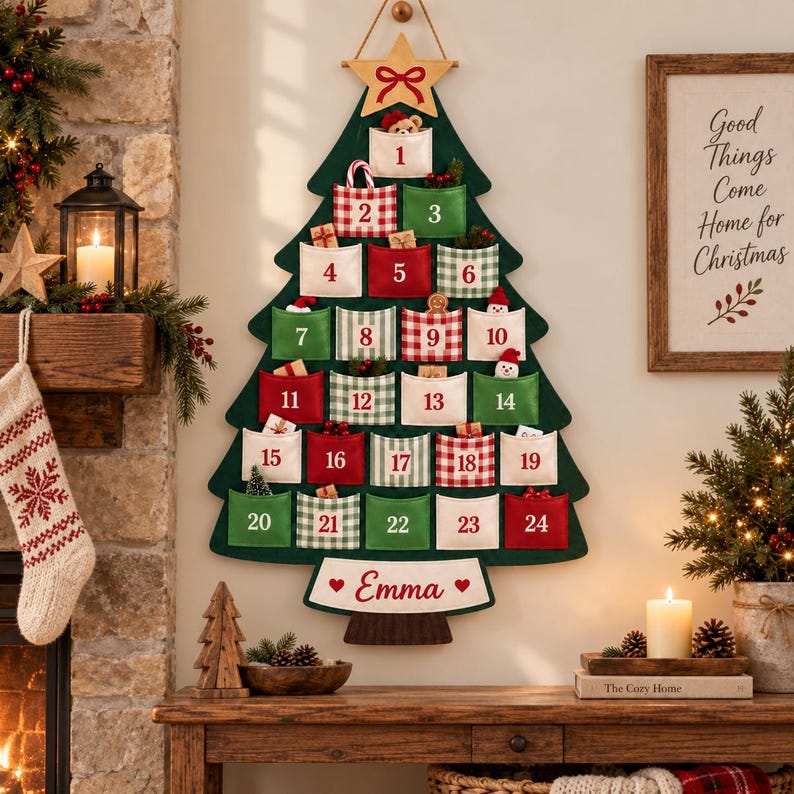 Personalized 24 Pocket Christmas Tree Advent Calendar, Custom Name Wall Hanging For Kids, Reusable December Countdown, Personalized Holiday Decor