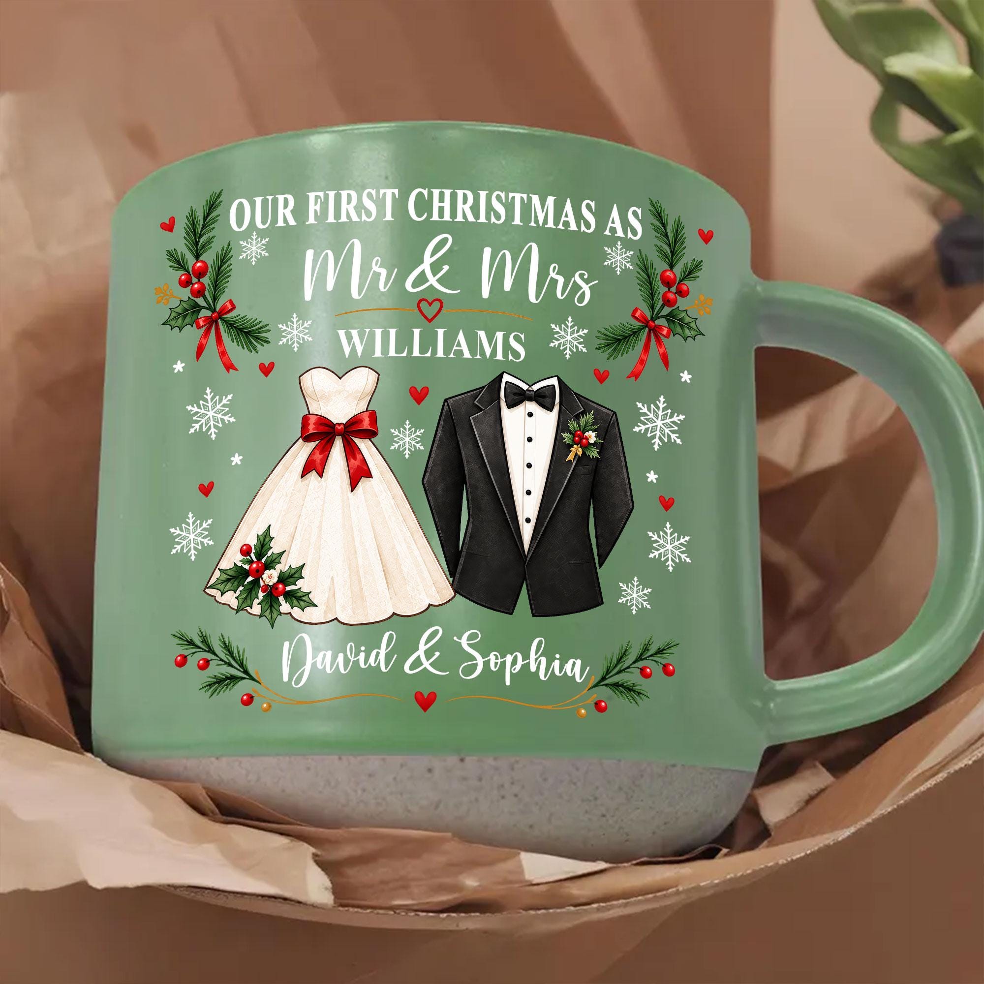 Personalized First Xmas Mug, Mr and Mrs Coffee Mug, Custom Newlywed Gift, Couple Names Wedding Christmas Keepsake, First Xmas Married Mug