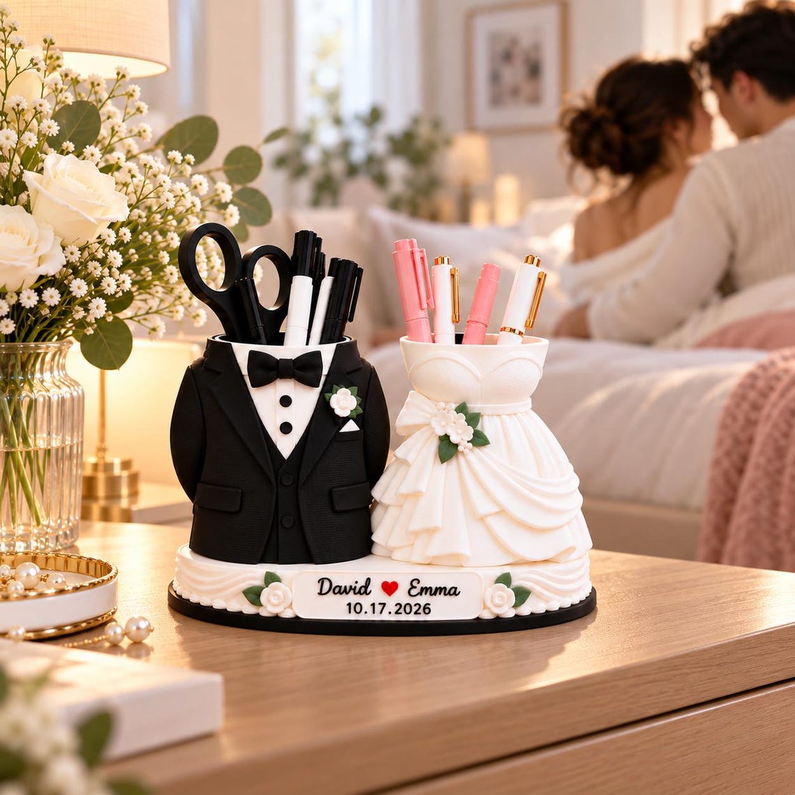 Personalized Wedding Dress Tuxedo Pen Holder 3D Printed, Custom Newlywed Couple Marriage Decor Engagement, Our First Christmas Together Gift