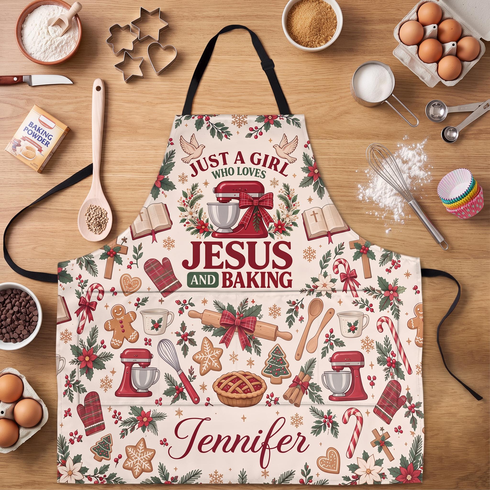 Personalized Just A Girl Who Loves Jesus and Baking Christmas Apron With 4 Pocket,Custom Christian Baker Apron, Gift for Christian Baker