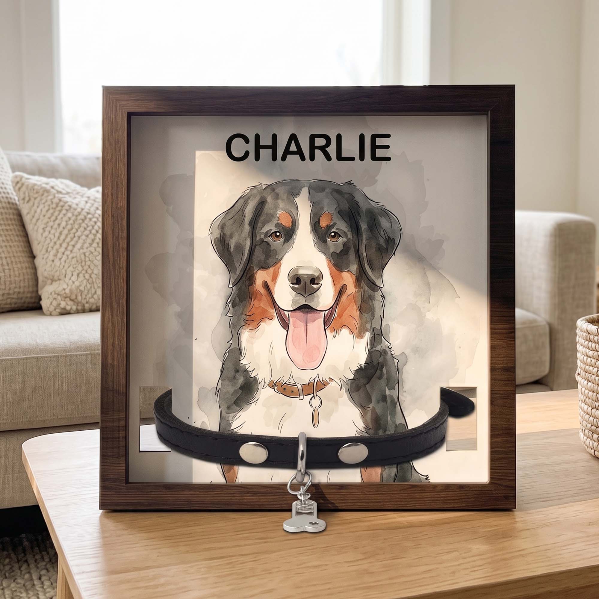 Personalized Pet Collar Frame Keepsake Custom Pet Portrait Watecolor Art - Personalized Frame