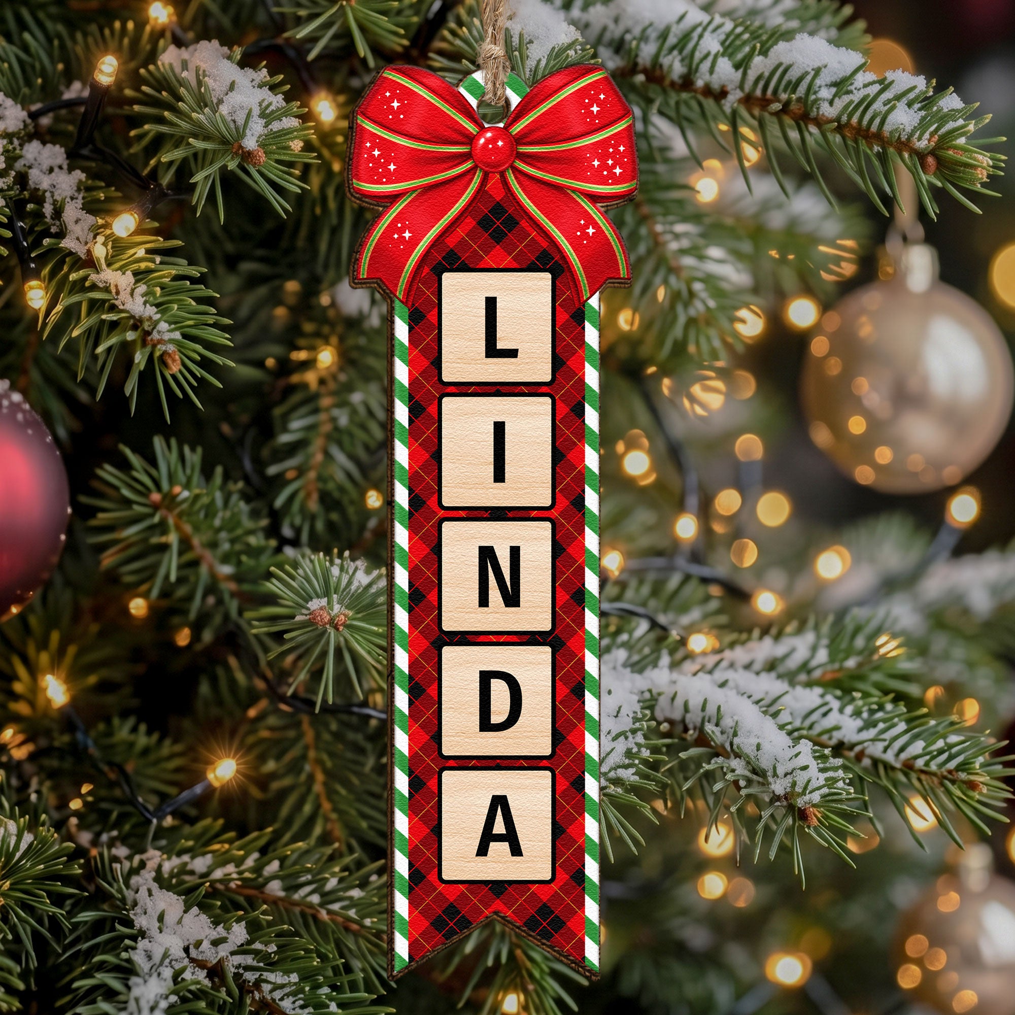 Personalized Wooden Christmas Name Scrabble With Bow Ornament