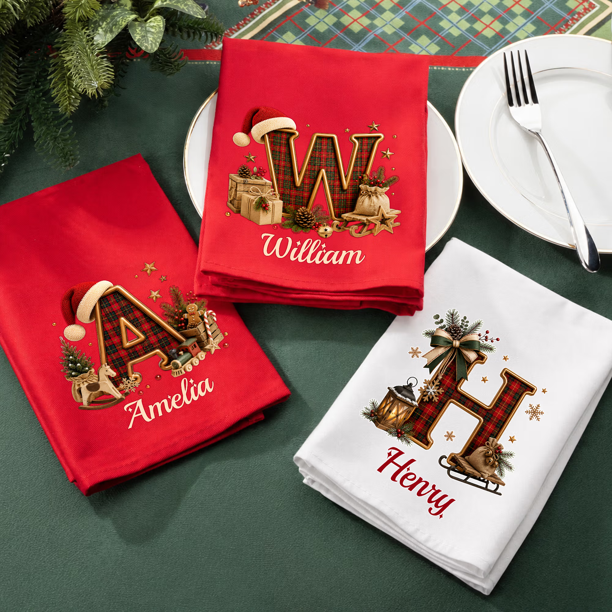 Personalized 100% Cotton Plaid Christmas Hat Initial Red Christmas Napkin with Name Table Decor Christmas Gift for Neighbors 