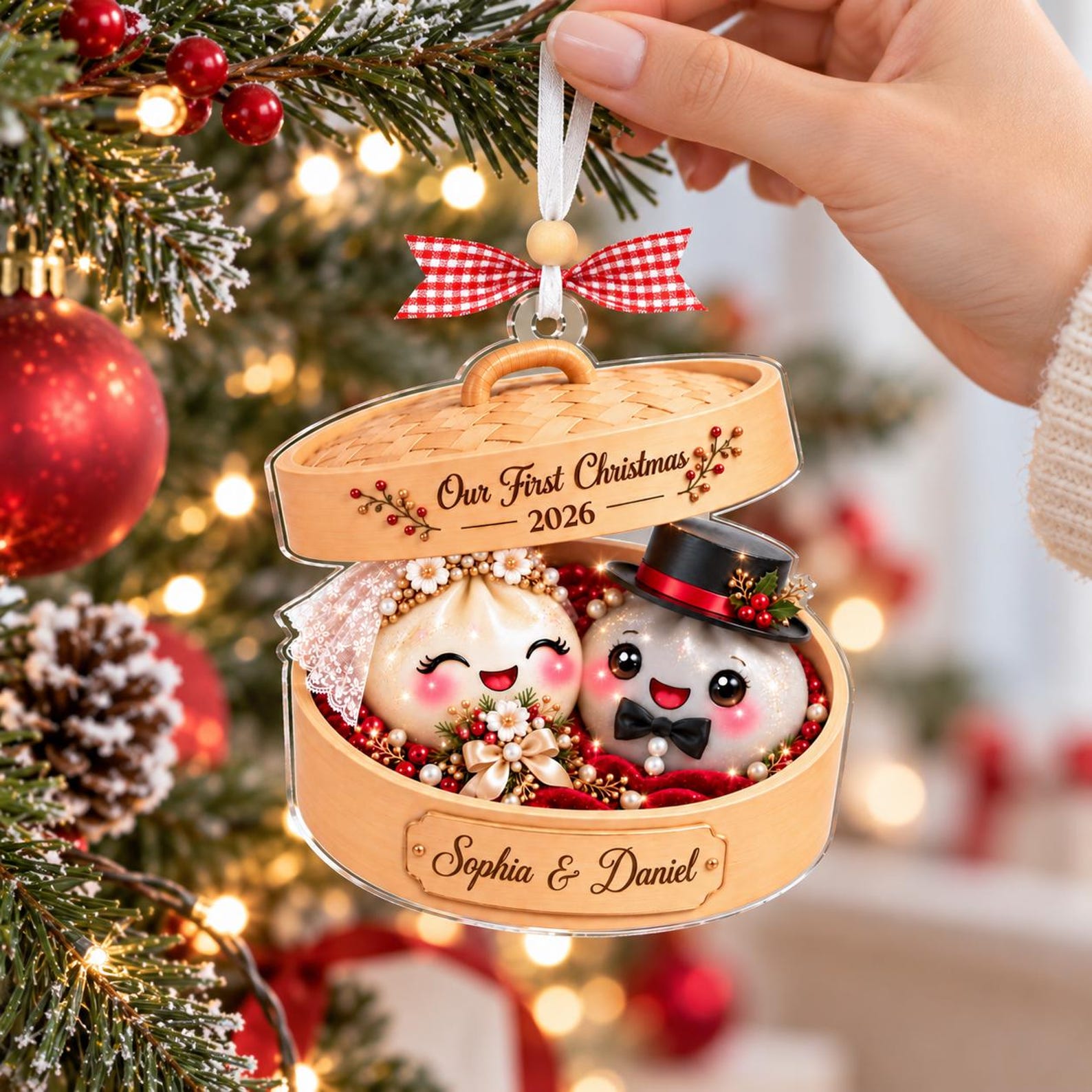 Personalized Dumpling Couple Ornament, Personalized First Christmas Acrylic Keepsake, Cute Foodie Newlywed Gift, Bride Groom Christmas Ornament