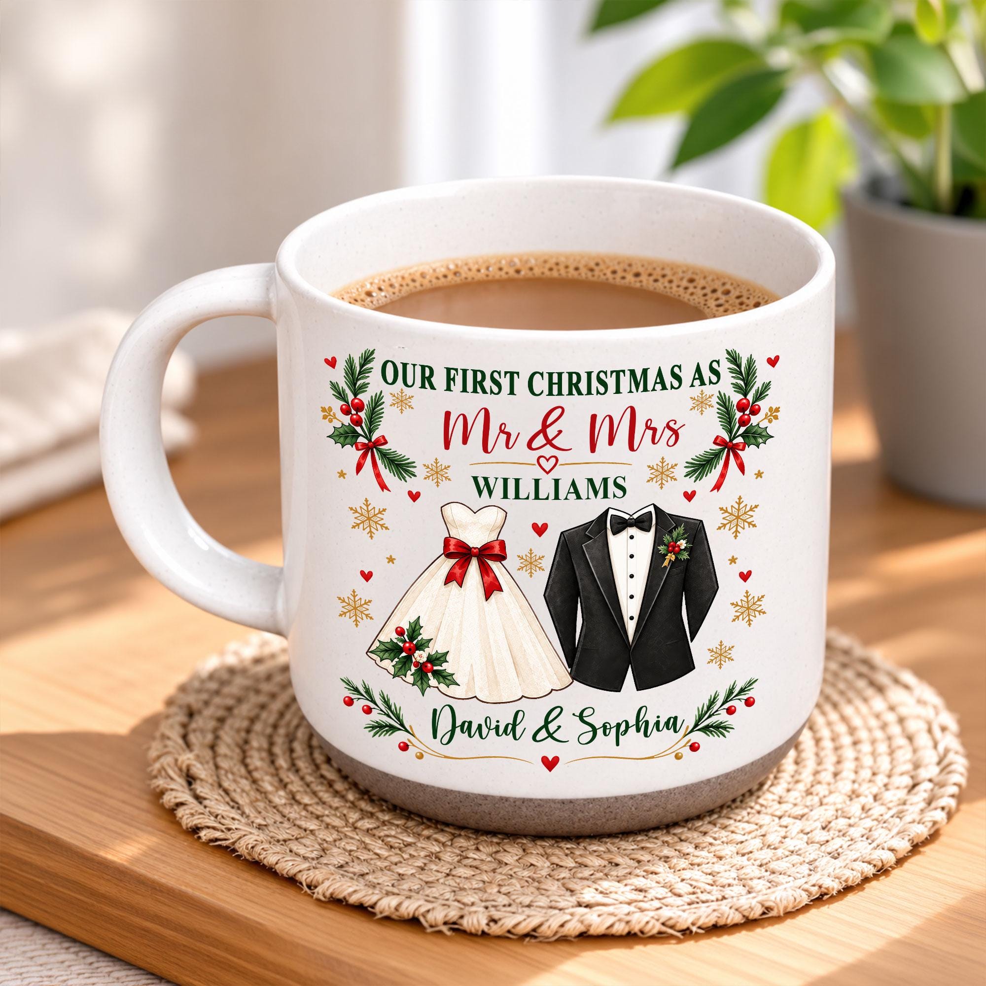 Personalized First Xmas Mug, Mr and Mrs Coffee Mug, Custom Newlywed Gift, Couple Names Wedding Christmas Keepsake, First Xmas Married Mug