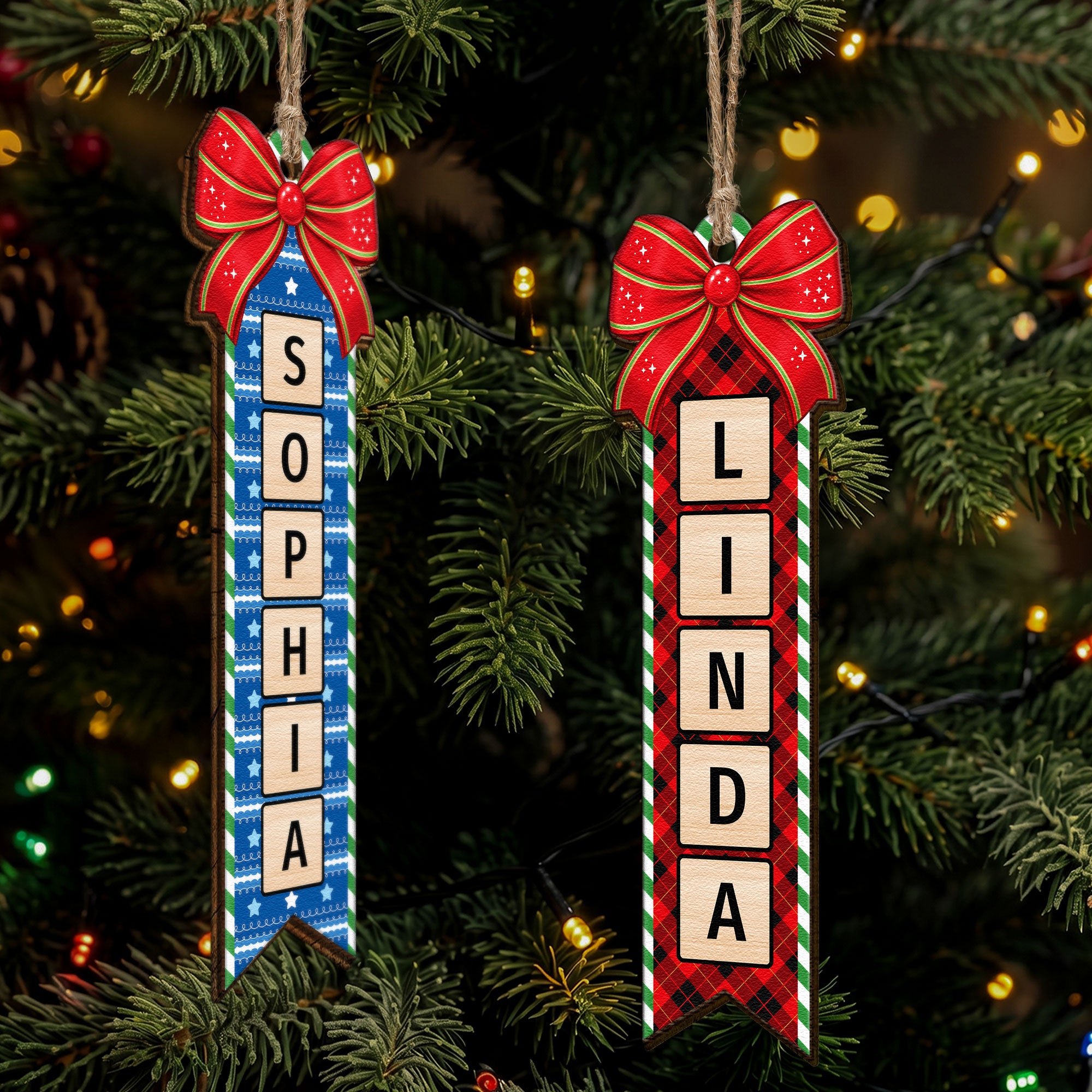 Personalized Wooden Christmas Name Scrabble With Bow Ornament