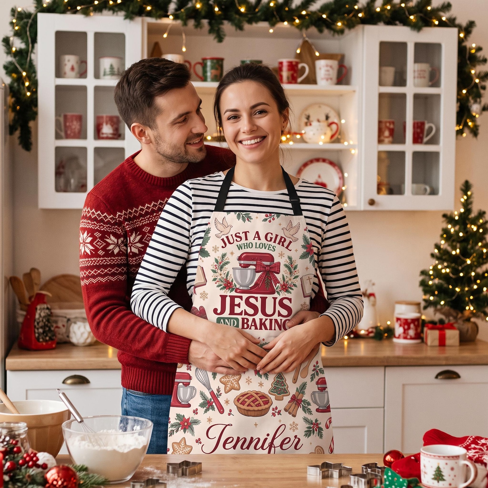 Personalized Just A Girl Who Loves Jesus and Baking Christmas Apron With 4 Pocket,Custom Christian Baker Apron, Gift for Christian Baker