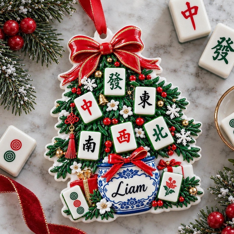 Personalized Mahjong Stocking 3D Relief White Acrylic Ornament, Custom Tile Game Keepsake, Christmas Gift for Game Night Hostess