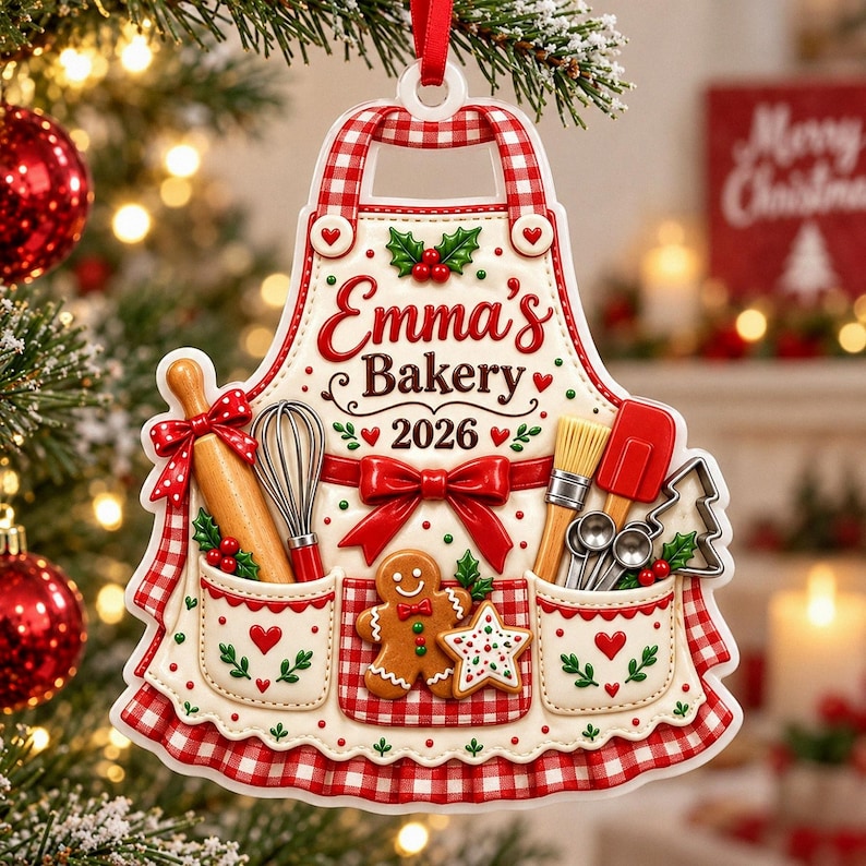 Personalized Baking Apron 3D Relief White Acrylic Ornament, Custom Name Baker Keepsake, 2026 Christmas Gift for Cooking Lover