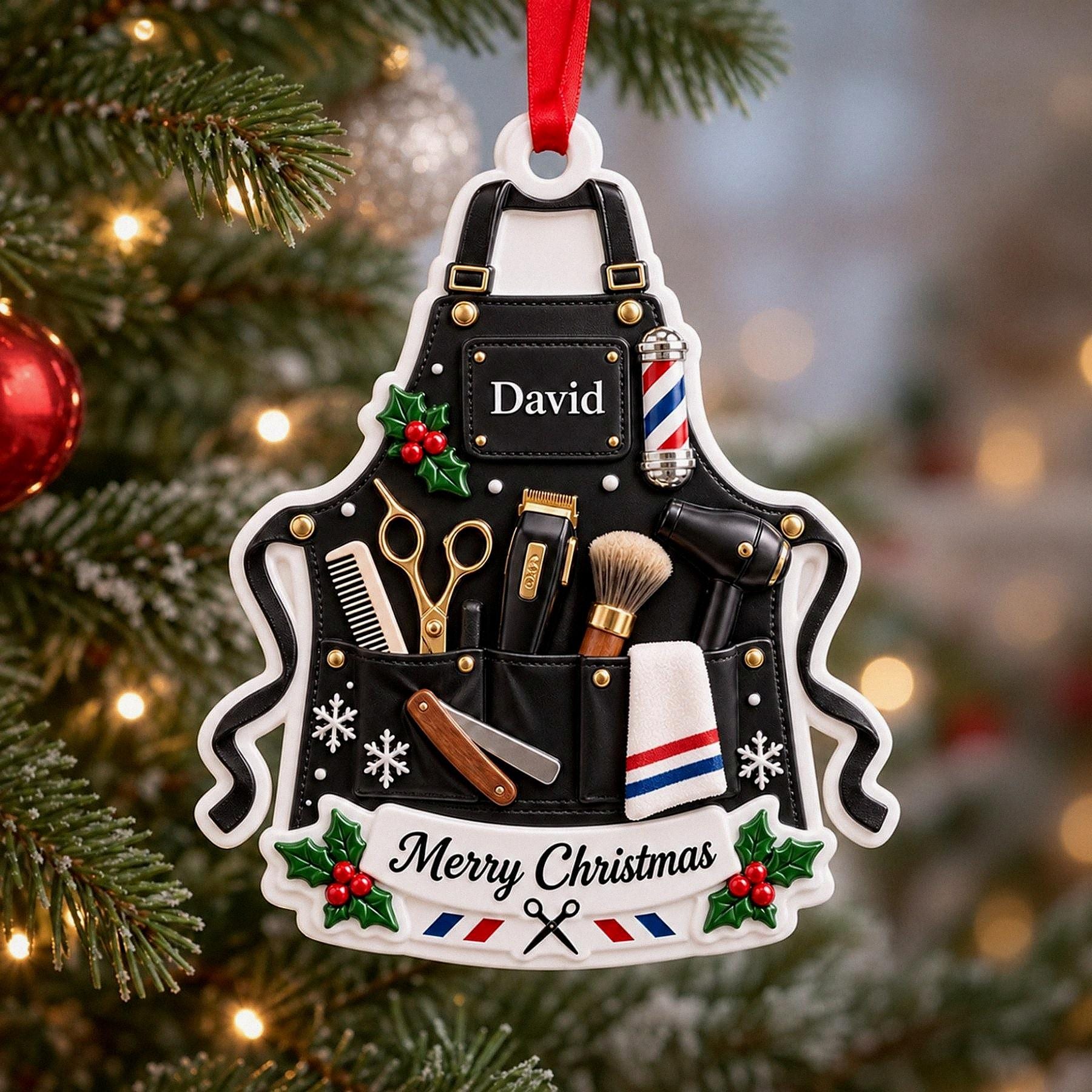Personalized Barber Tools 3D Relief White Acrylic Ornament, Custom Hair Stylist Keepsake, Christmas Gift for Barber Shop Owner