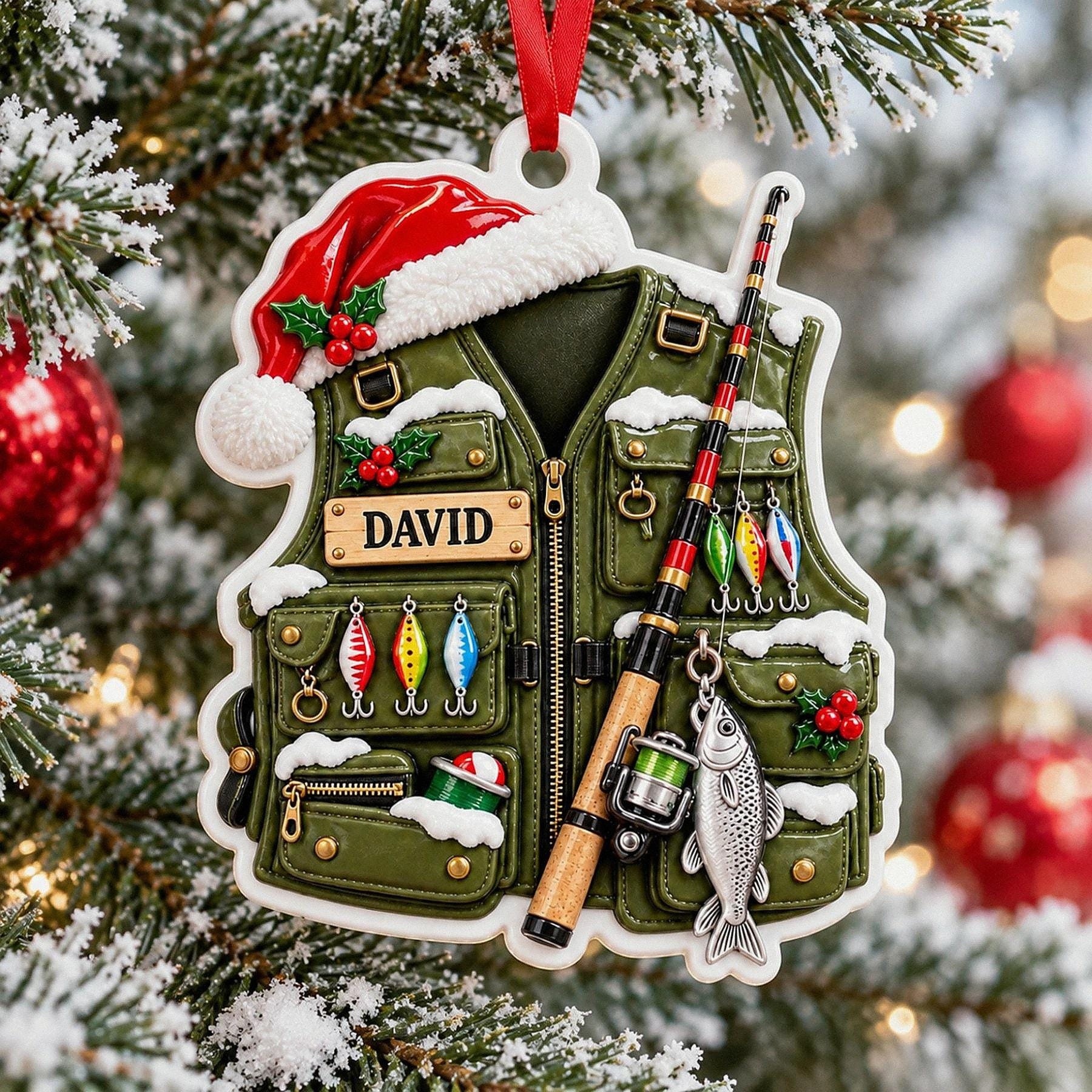 Personalized Fishing Vest 3D Relief White Acrylic Ornament, Custom Angler Keepsake, Christmas Gift for Fisherman