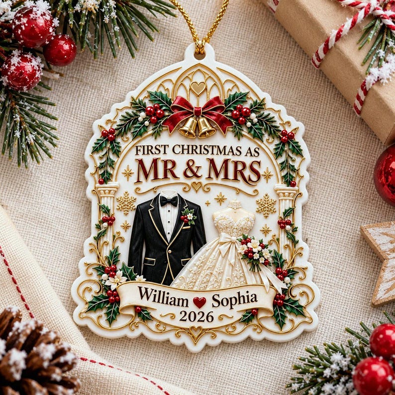Personalized First Christmas As Mr And Mrs Ornament, Custom Wedding Dress Tuxedo White Acrylic Bauble, Newlywed Couple Gift
