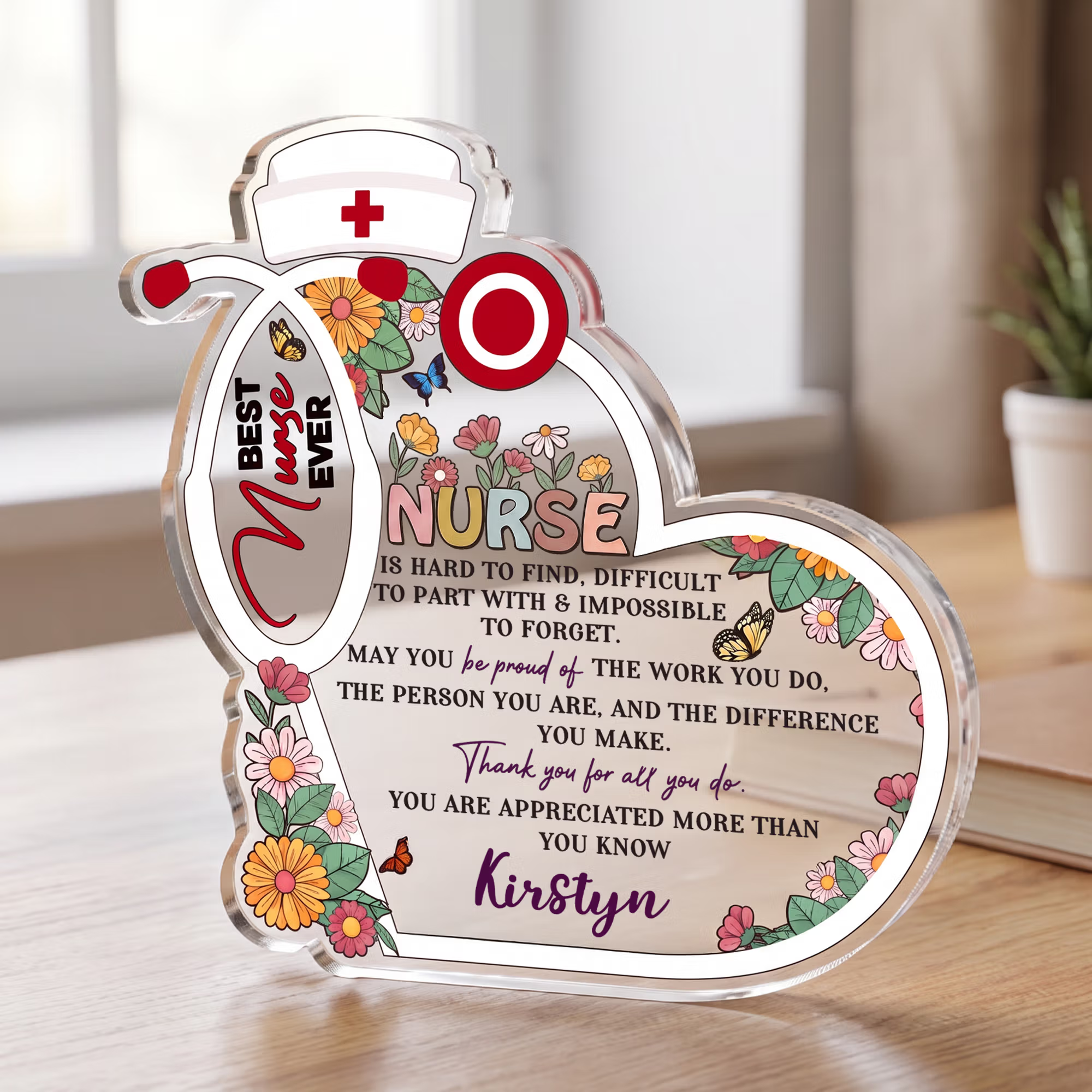 Personalized Best Nurse Ever Stethoscope Floral Nurse Cap Acrylic Plaque with Name Nurse Week Nurses' Day Appreciation Gift for Nurse