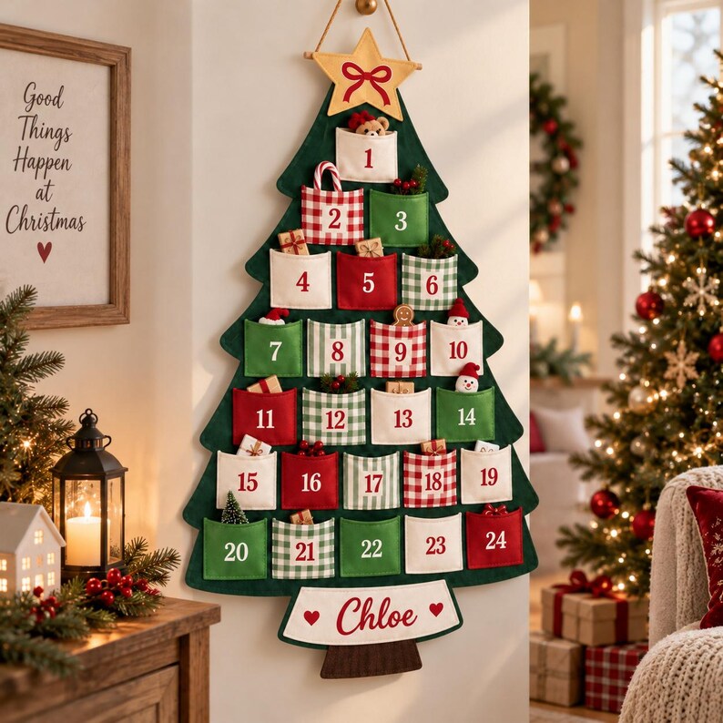 Personalized 24 Pocket Christmas Tree Advent Calendar, Custom Name Wall Hanging For Kids, Reusable December Countdown, Personalized Holiday Decor