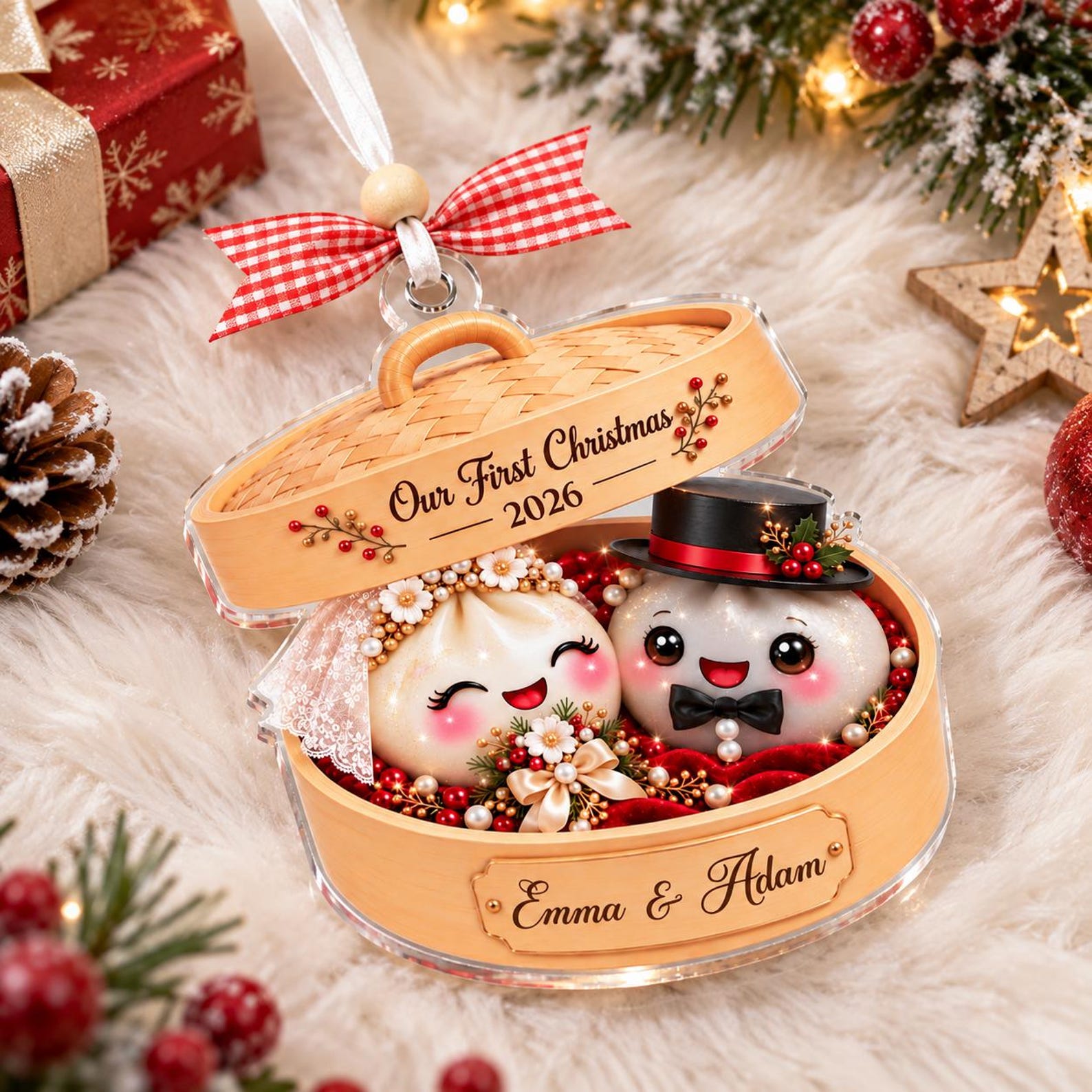 Personalized Dumpling Couple Ornament, Personalized First Christmas Acrylic Keepsake, Cute Foodie Newlywed Gift, Bride Groom Christmas Ornament