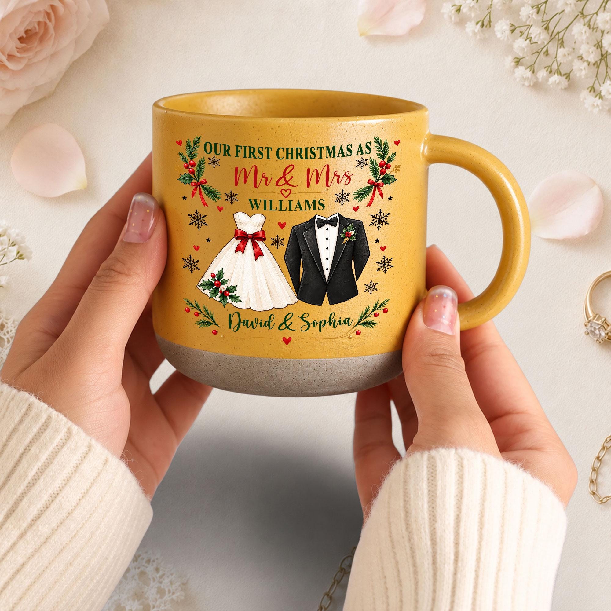 Personalized First Xmas Mug, Mr and Mrs Coffee Mug, Custom Newlywed Gift, Couple Names Wedding Christmas Keepsake, First Xmas Married Mug