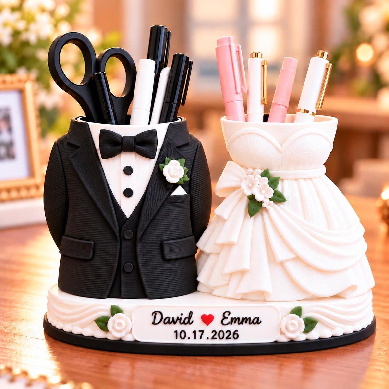 Personalized Wedding Dress Tuxedo Pen Holder 3D Printed, Custom Newlywed Couple Marriage Decor Engagement, Our First Christmas Together Gift