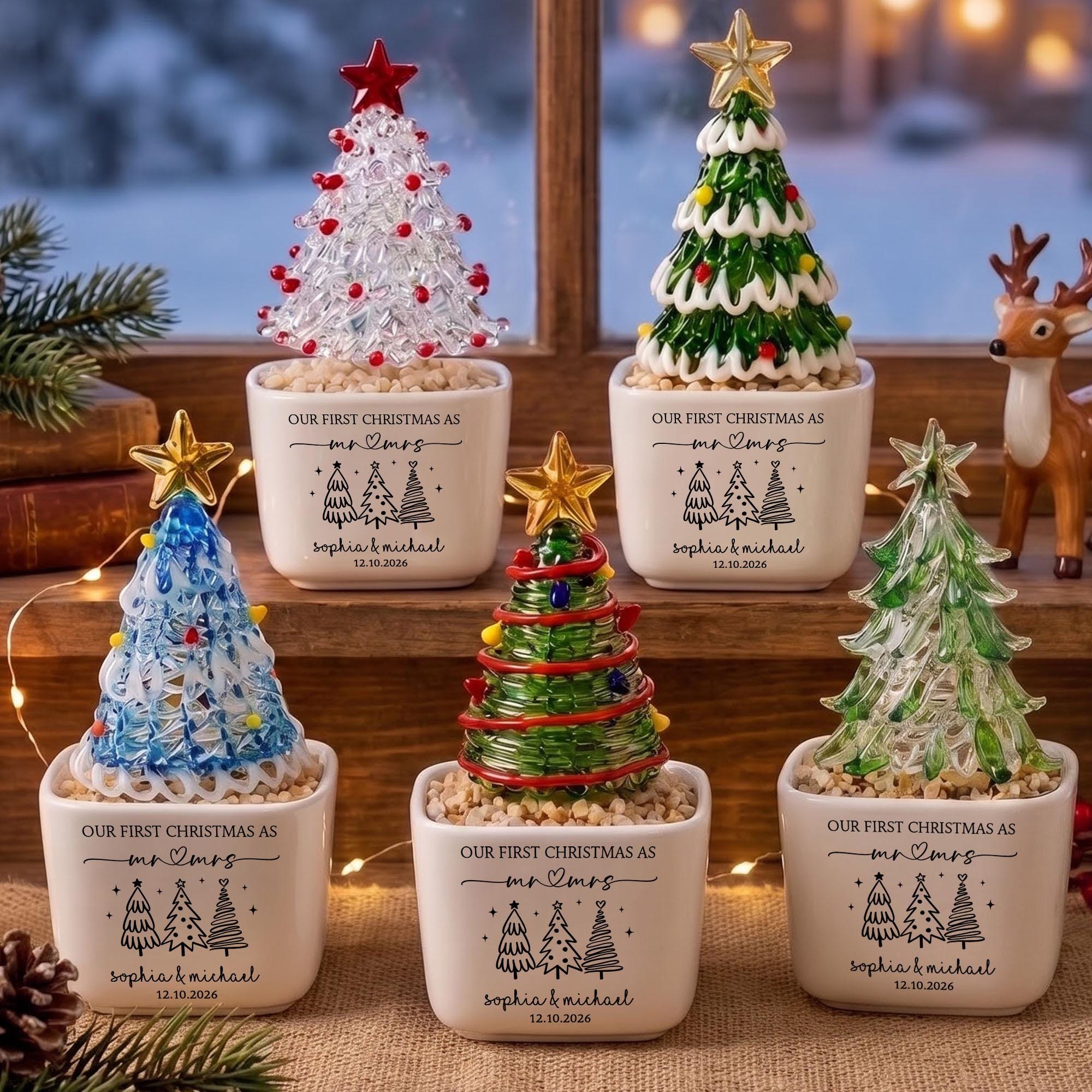 Personalized Mr Mrs Glass Christmas Tree Pot, Wedding Gift, Personalized First Christmas Keepsake, Our 1st Christmas Mr & Mrs Planter,Housewarming Gift