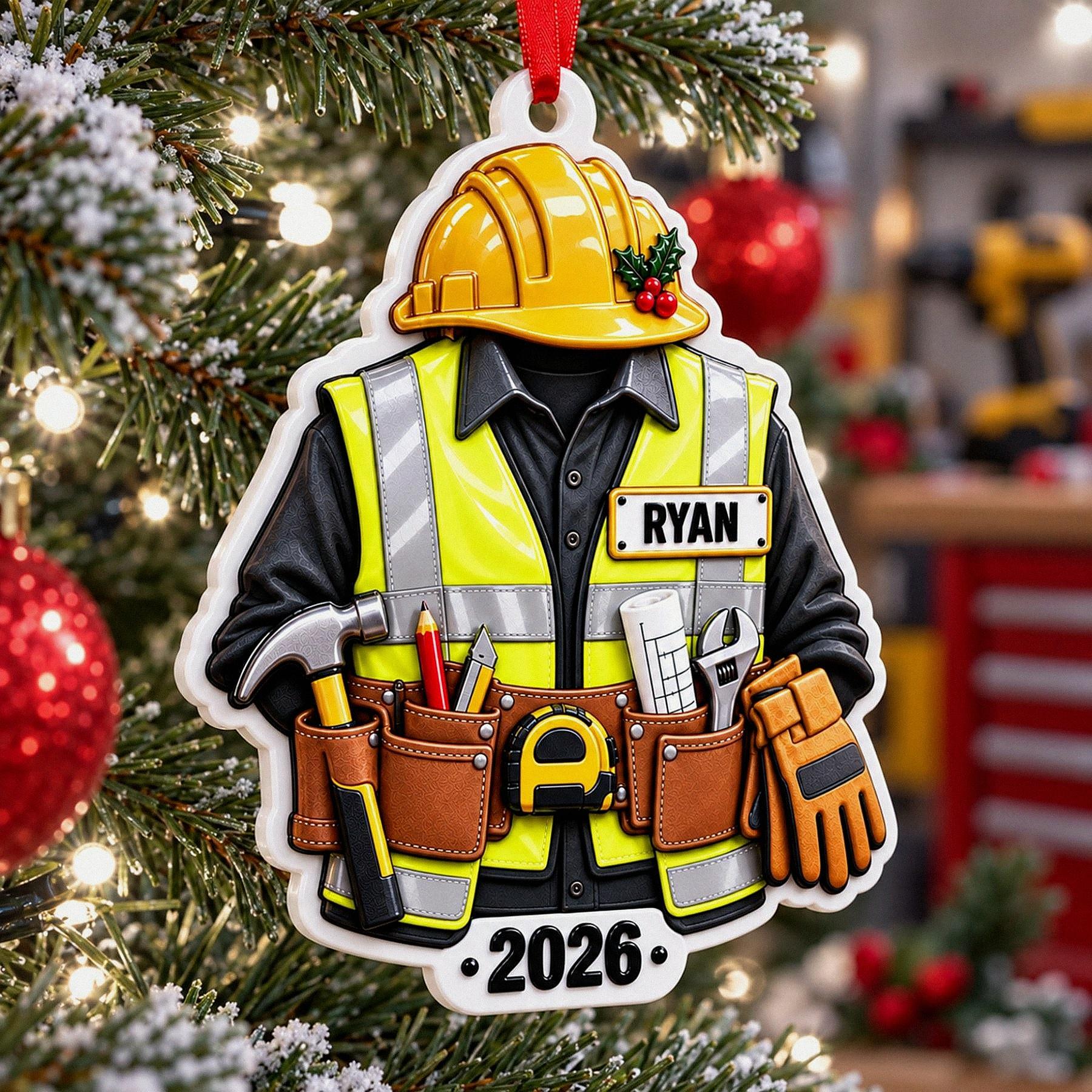 Personalized Construction Worker 3D Relief White Acrylic Ornament, Custom Builder Hard Hat Decor, Tradesman Christmas Gift 2026