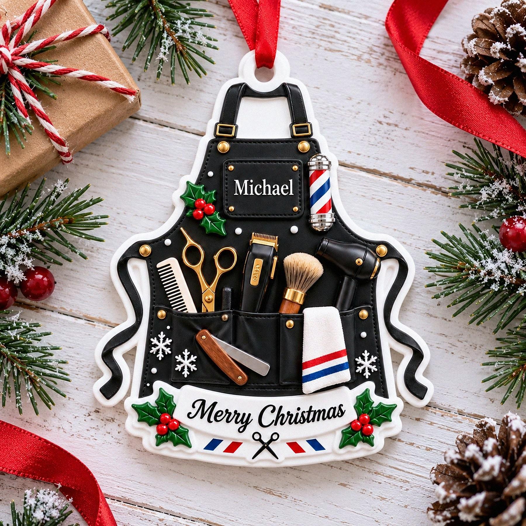 Personalized Barber Tools 3D Relief White Acrylic Ornament, Custom Hair Stylist Keepsake, Christmas Gift for Barber Shop Owner