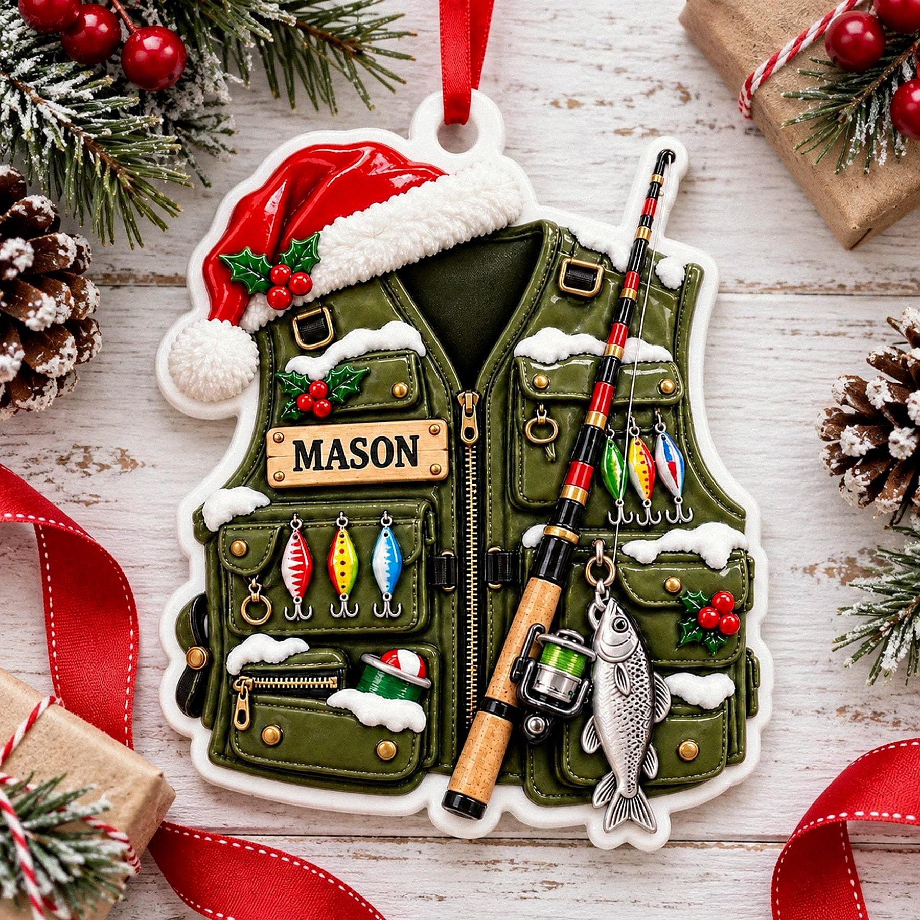Personalized Fishing Vest 3D Relief White Acrylic Ornament, Custom Angler Keepsake, Christmas Gift for Fisherman