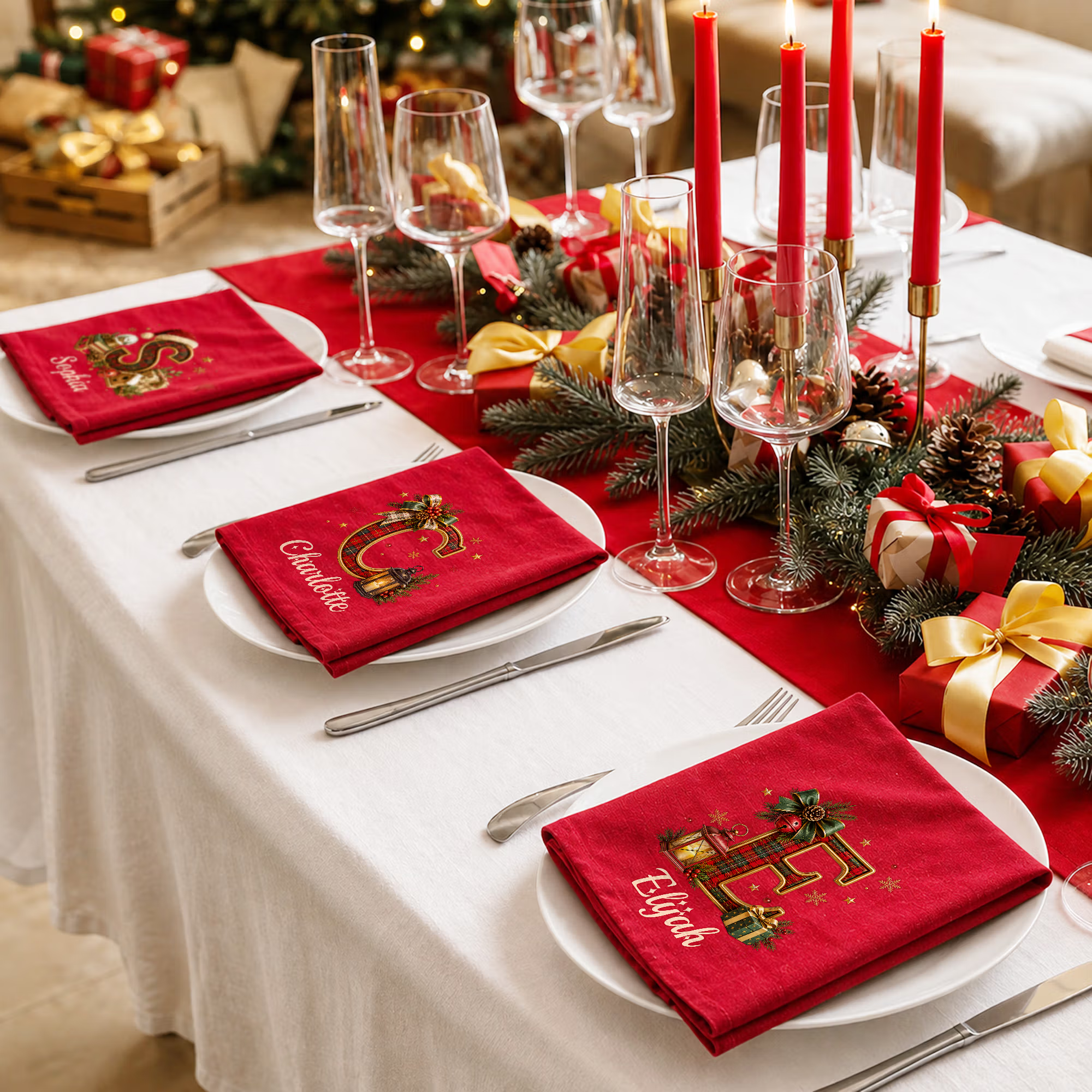 Personalized 100% Cotton Plaid Christmas Hat Initial Red Christmas Napkin with Name Table Decor Christmas Gift for Neighbors 