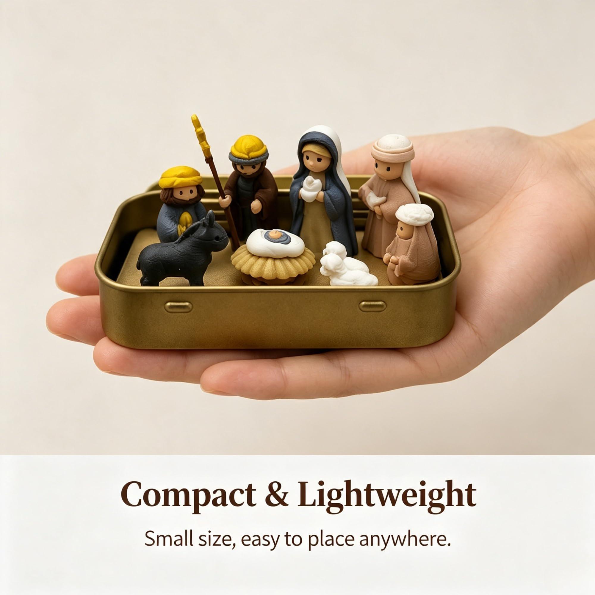 3D Mini Nativity Set, Shepherd & Manger Scene, Tin Box Baby Jesus Figurines, Christian Christmas Gift, Pocket Bible Keepsake