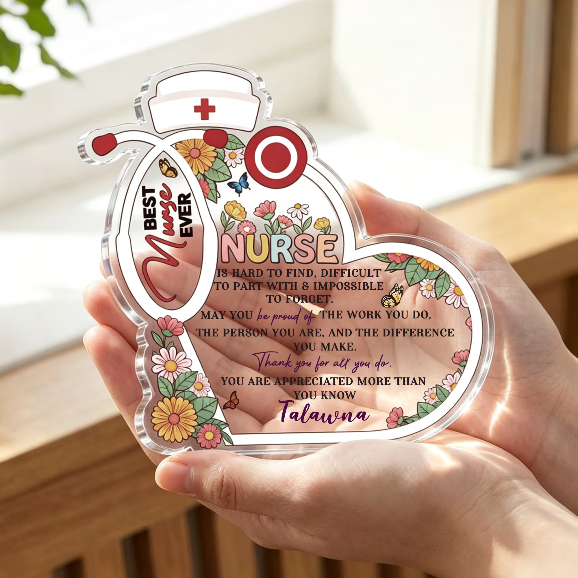 Personalized Best Nurse Ever Stethoscope Floral Nurse Cap Acrylic Plaque with Name Nurse Week Nurses' Day Appreciation Gift for Nurse