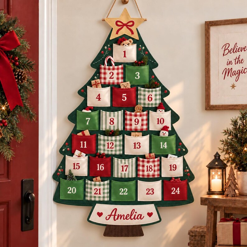 Personalized 24 Pocket Christmas Tree Advent Calendar, Custom Name Wall Hanging For Kids, Reusable December Countdown, Personalized Holiday Decor