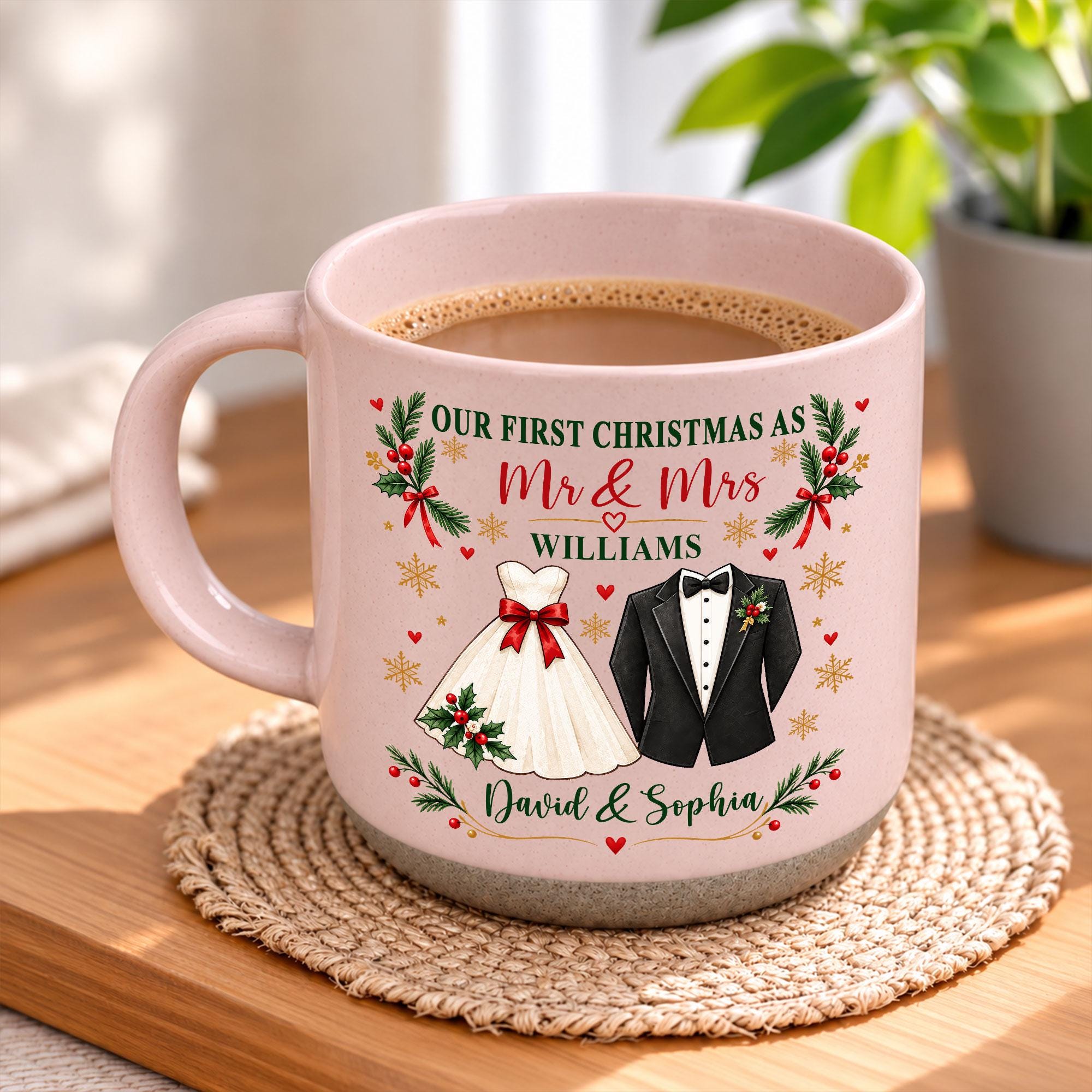 Personalized First Xmas Mug, Mr and Mrs Coffee Mug, Custom Newlywed Gift, Couple Names Wedding Christmas Keepsake, First Xmas Married Mug