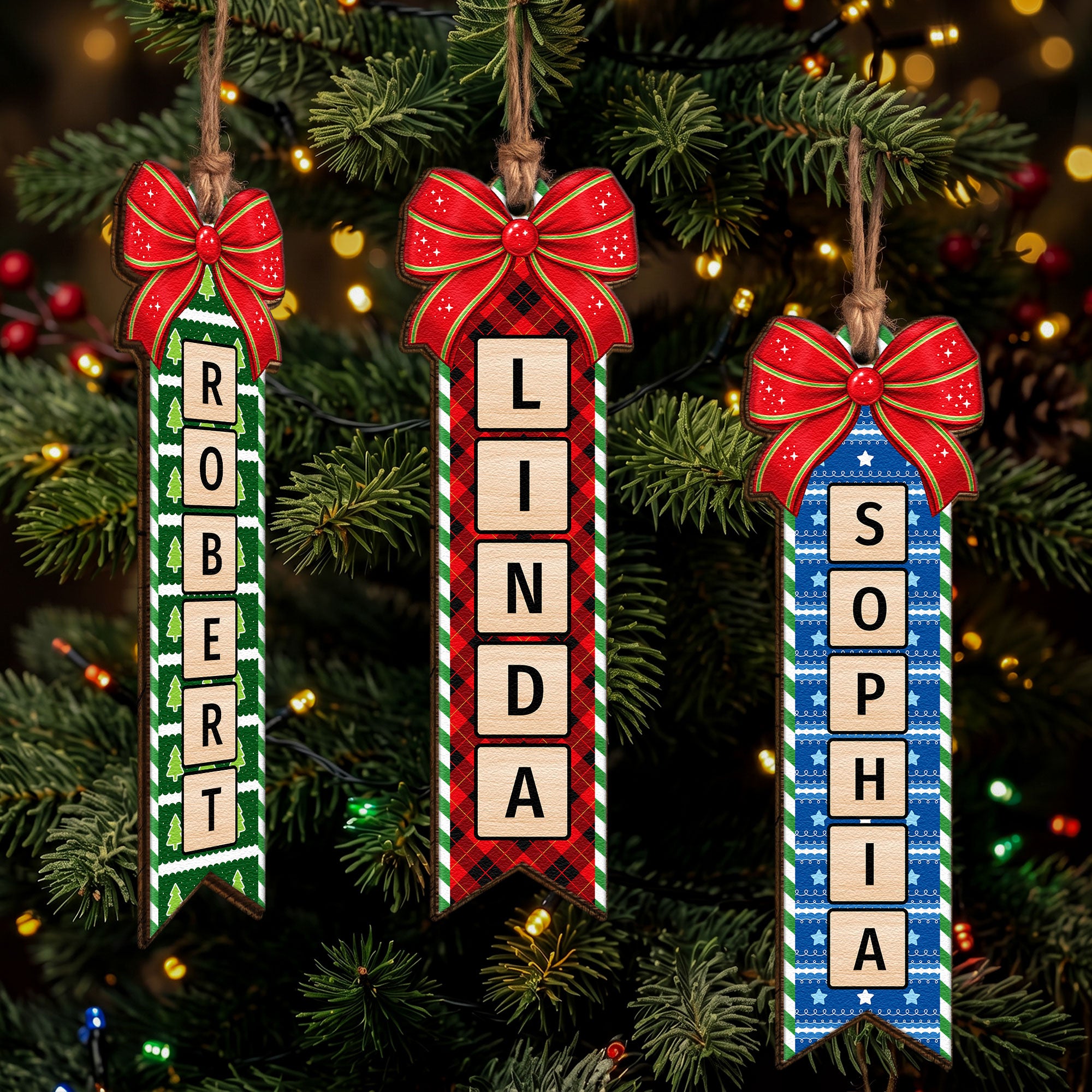 Personalized Wooden Christmas Name Scrabble With Bow Ornament