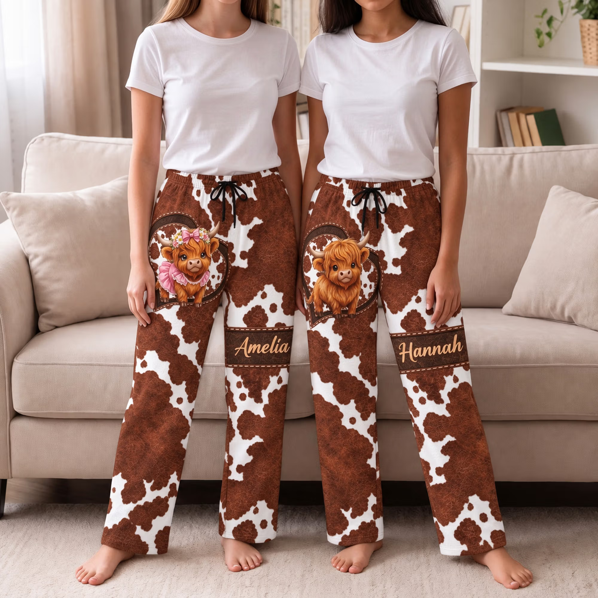 Personalized Highland Cow Soft Pajama Pants with Name Daily Wear Birthday Christmas Gift for Family Cow Lovers