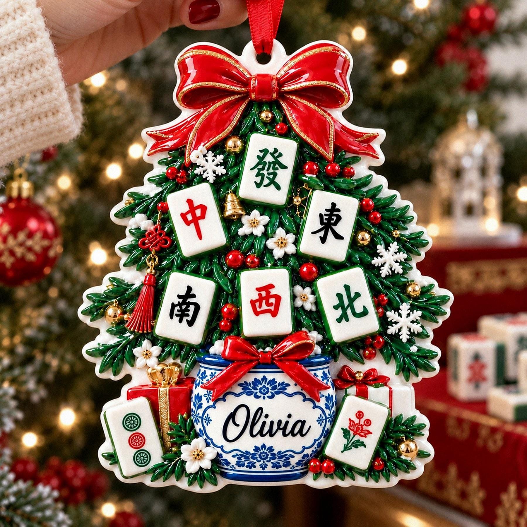 Personalized Mahjong Stocking 3D Relief White Acrylic Ornament, Custom Tile Game Keepsake, Christmas Gift for Game Night Hostess
