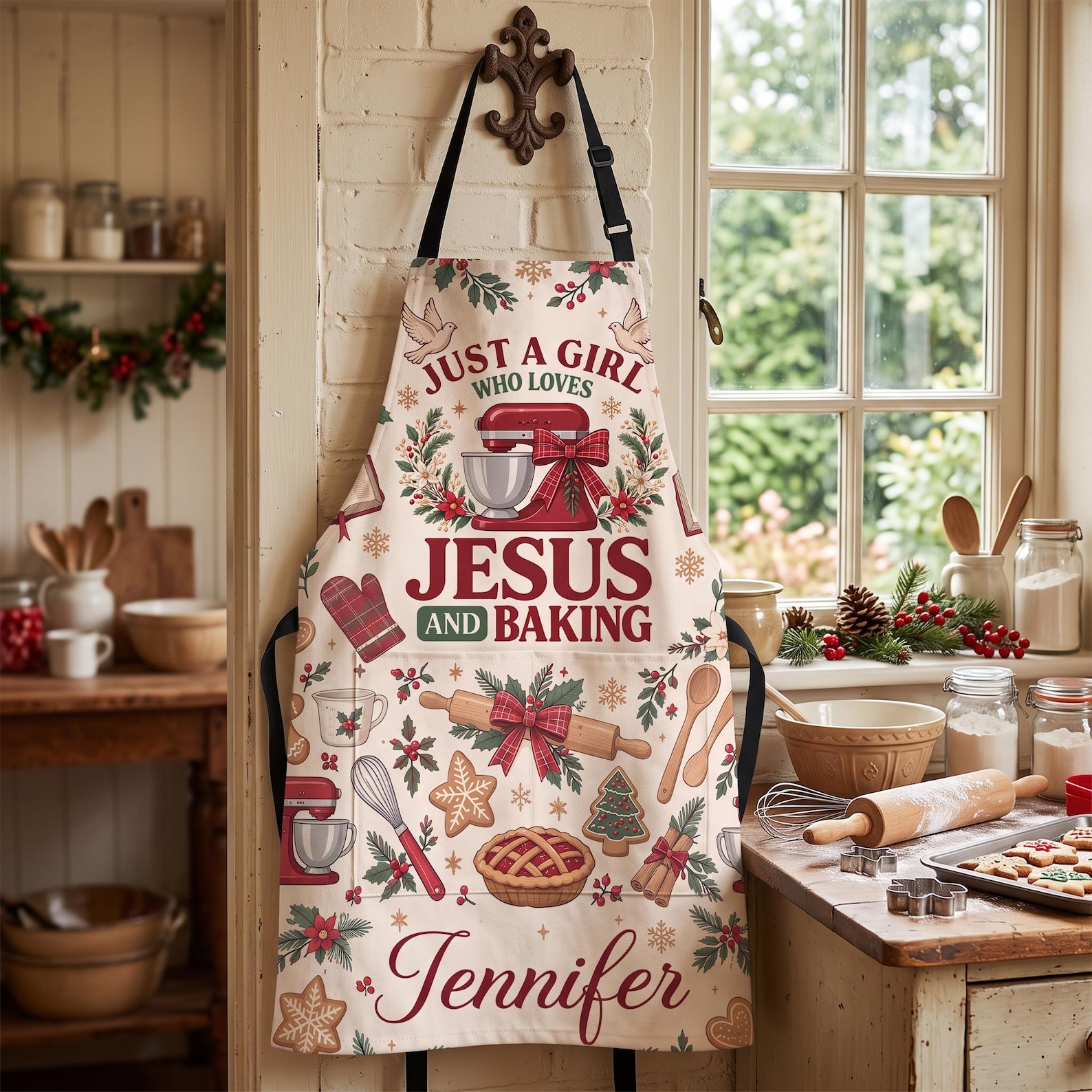 Personalized Just A Girl Who Loves Jesus and Baking Christmas Apron With 4 Pocket,Custom Christian Baker Apron, Gift for Christian Baker