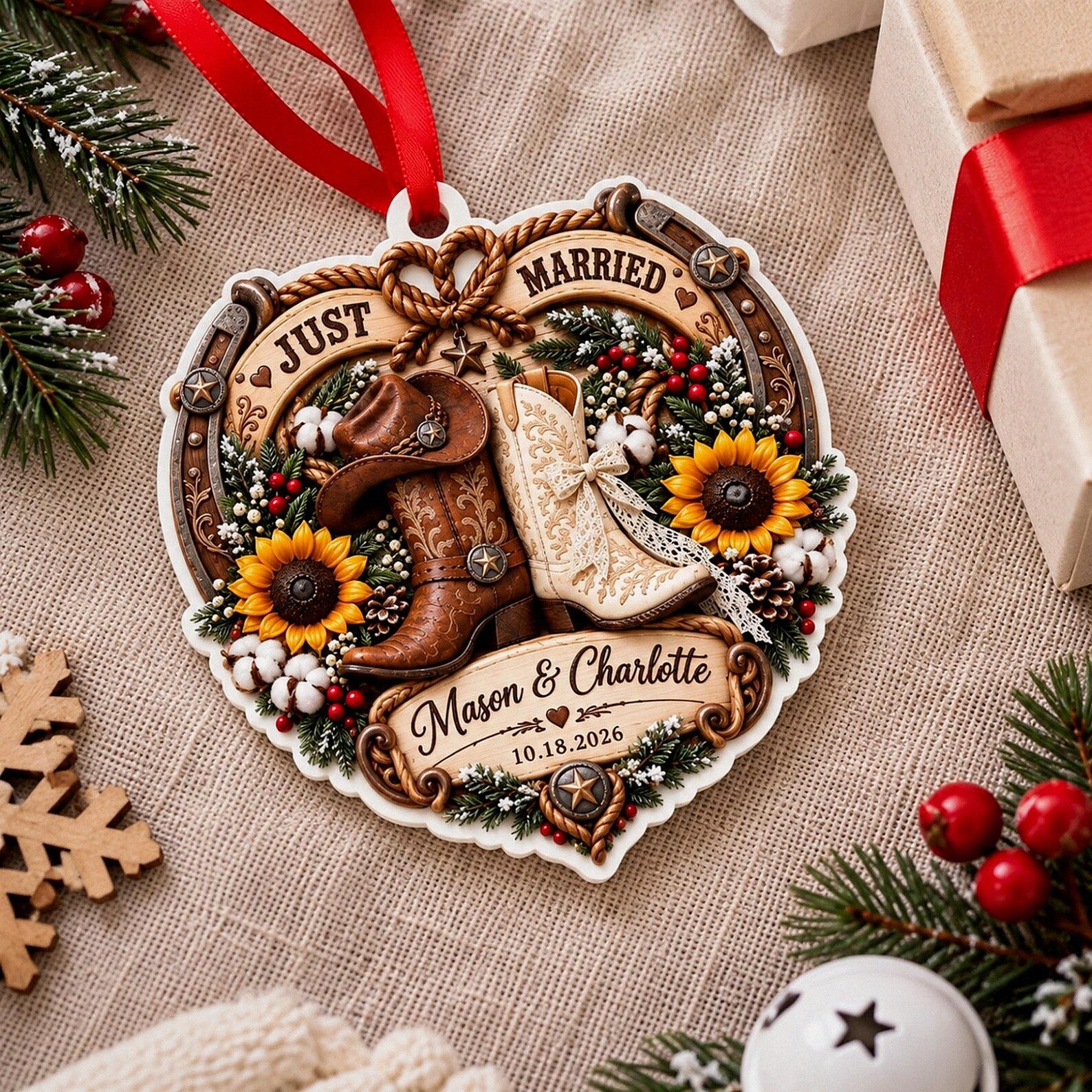 Personalized Western Wedding Acrylic Ornament, 3D Relief Cowboy Boots Custom Name Bauble, Just Married Couples Gift
