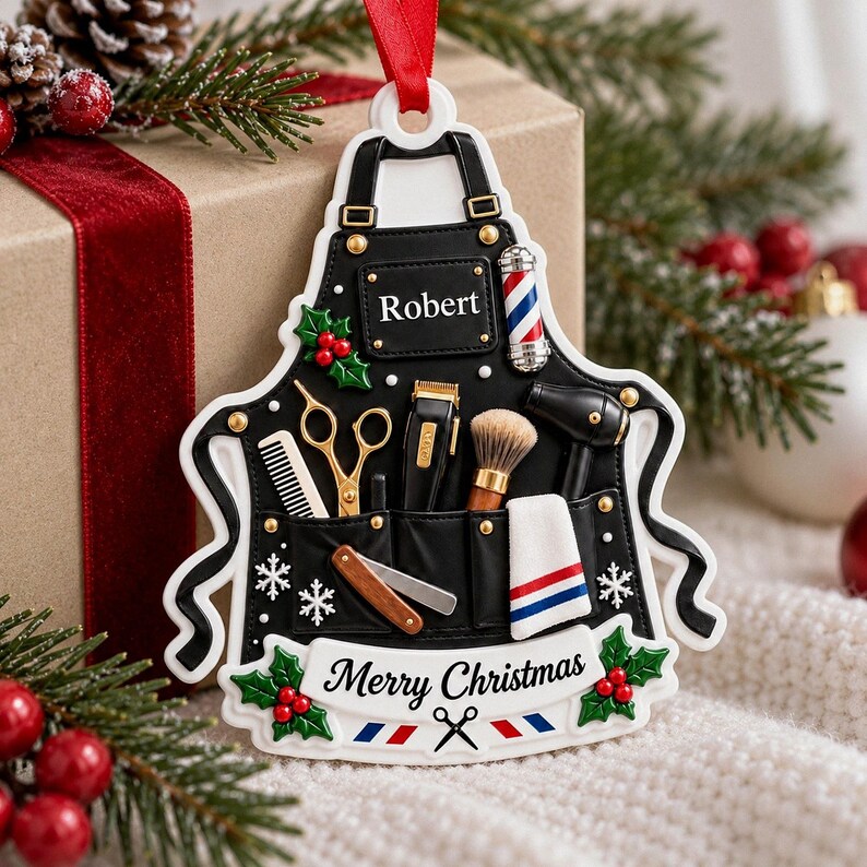 Personalized Barber Tools 3D Relief White Acrylic Ornament, Custom Hair Stylist Keepsake, Christmas Gift for Barber Shop Owner