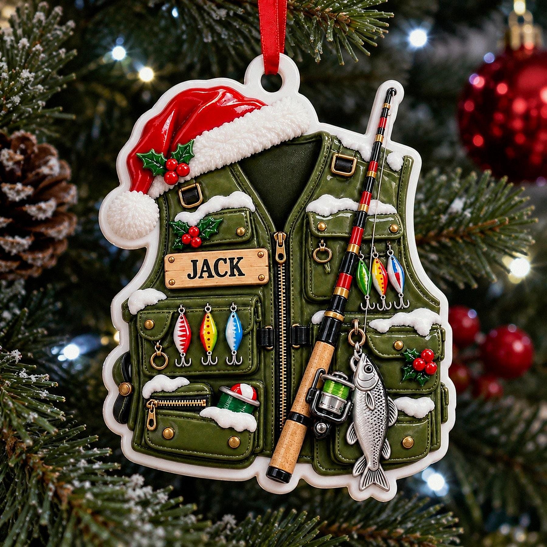 Personalized Fishing Vest 3D Relief White Acrylic Ornament, Custom Angler Keepsake, Christmas Gift for Fisherman