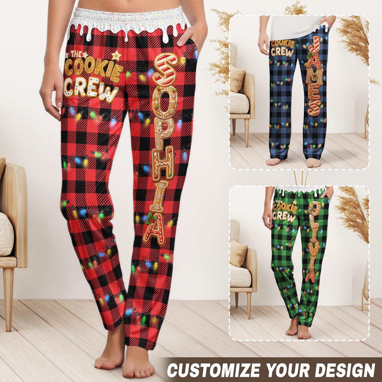 Personalized Cookie Crew Lounge Pants, Christmas Matching Family Outfits, Custom Gingerbread Name Pajama Pants, Holiday Gift for Mom Dad