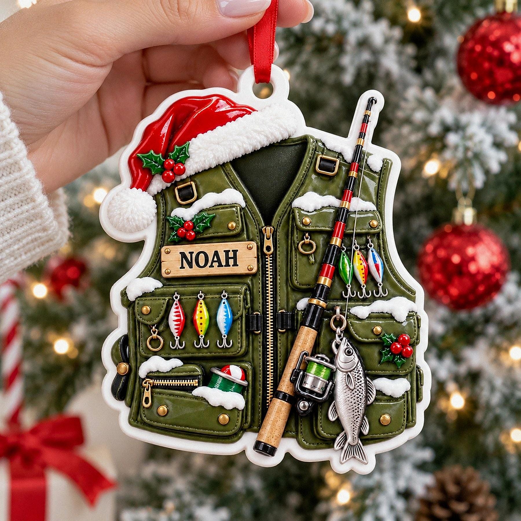 Personalized Fishing Vest 3D Relief White Acrylic Ornament, Custom Angler Keepsake, Christmas Gift for Fisherman