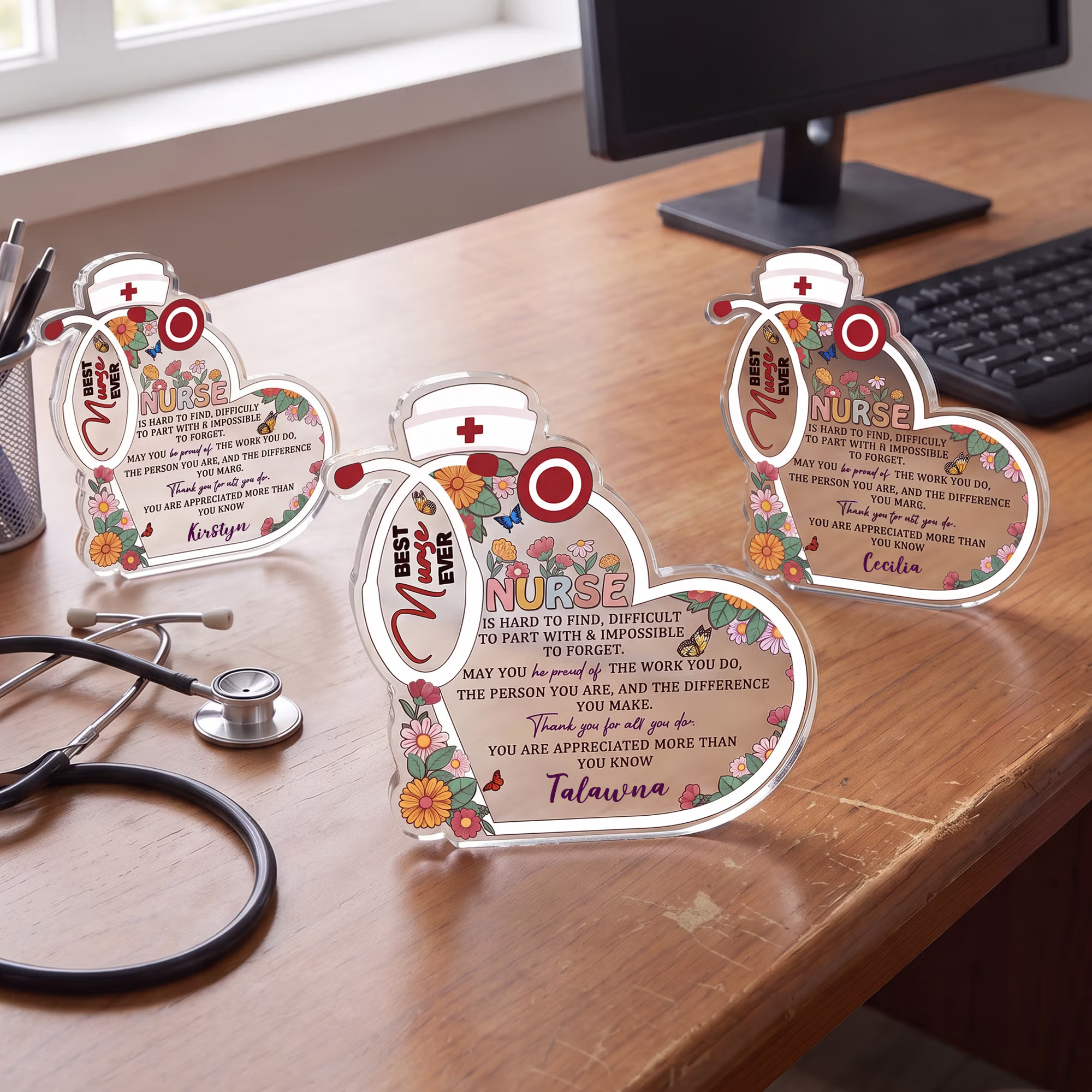 Personalized Best Nurse Ever Stethoscope Floral Nurse Cap Acrylic Plaque with Name Nurse Week Nurses' Day Appreciation Gift for Nurse