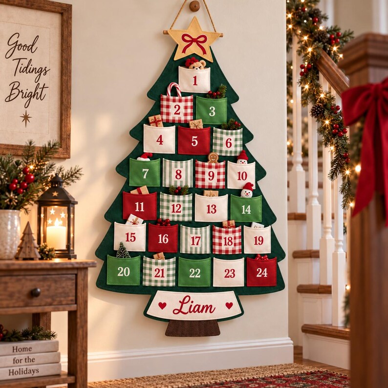 Personalized 24 Pocket Christmas Tree Advent Calendar, Custom Name Wall Hanging For Kids, Reusable December Countdown, Personalized Holiday Decor
