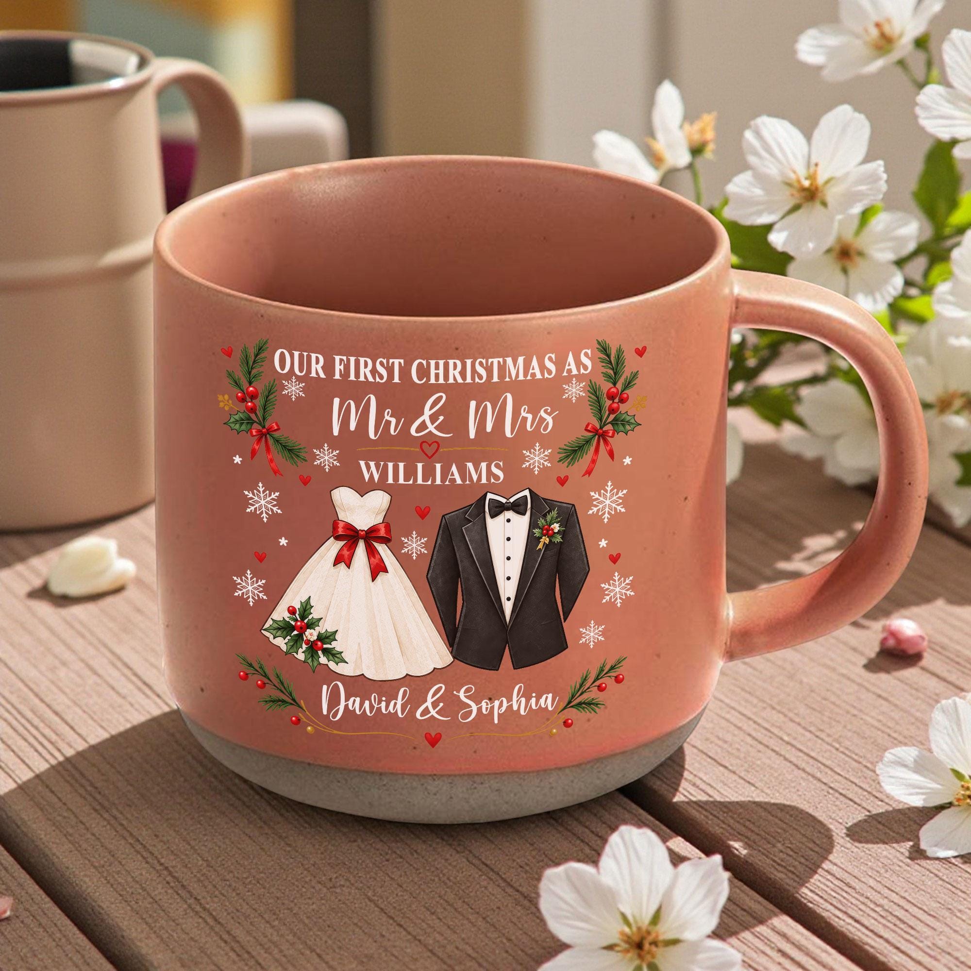 Personalized First Xmas Mug, Mr and Mrs Coffee Mug, Custom Newlywed Gift, Couple Names Wedding Christmas Keepsake, First Xmas Married Mug